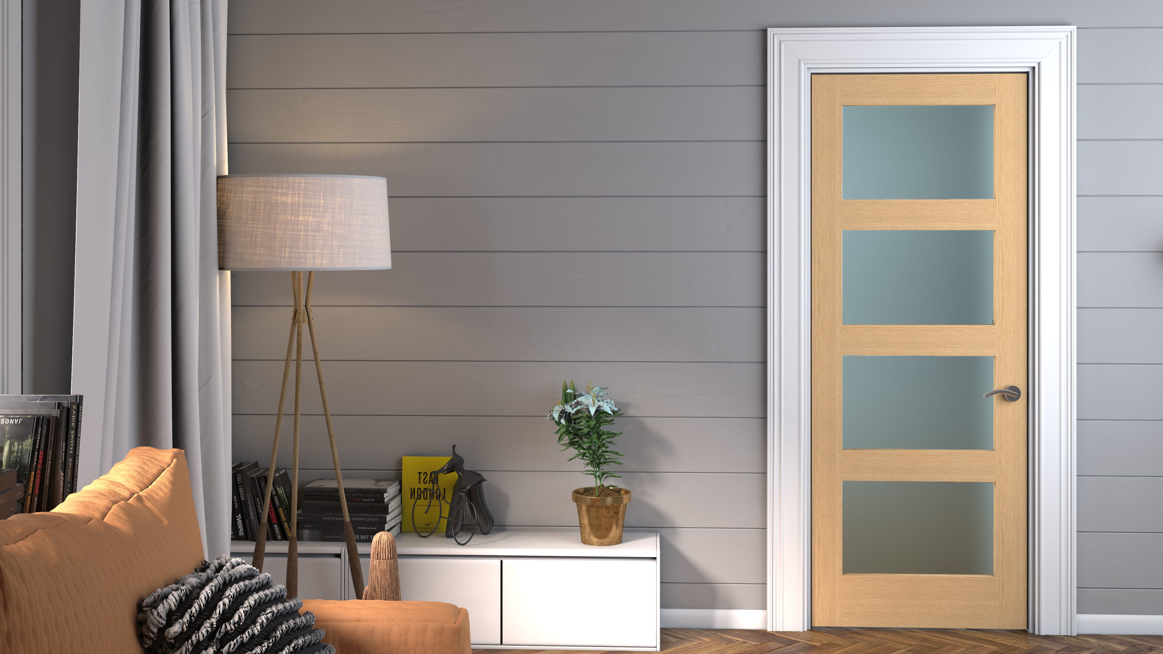 1981 x 686 x 35mm (27") Oak Shaker 4 Light - Prefinished Obscure Glass Internal Door
