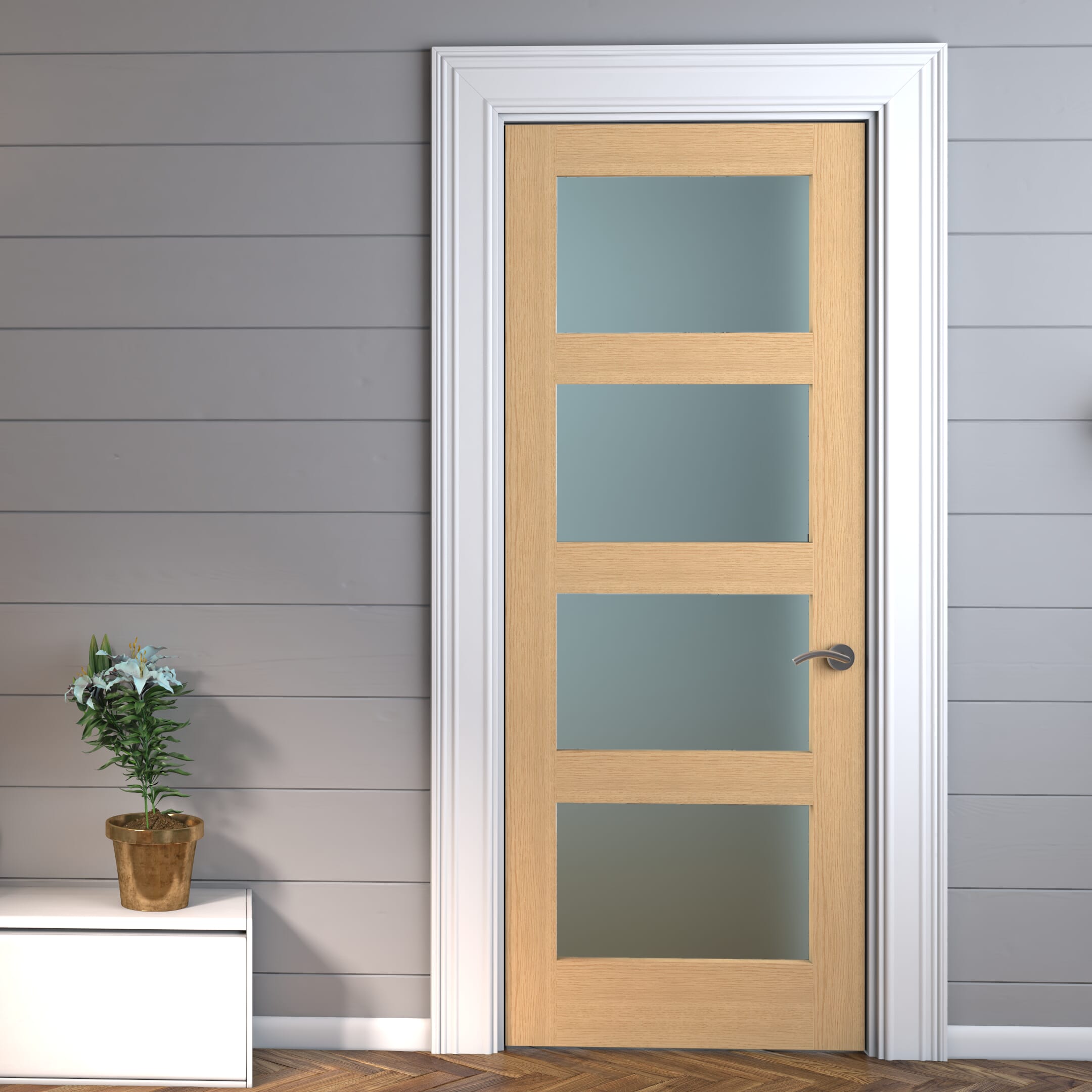 1981 x 686 x 35mm (27") Oak Shaker 4 Light - Prefinished Obscure Glass Internal Door