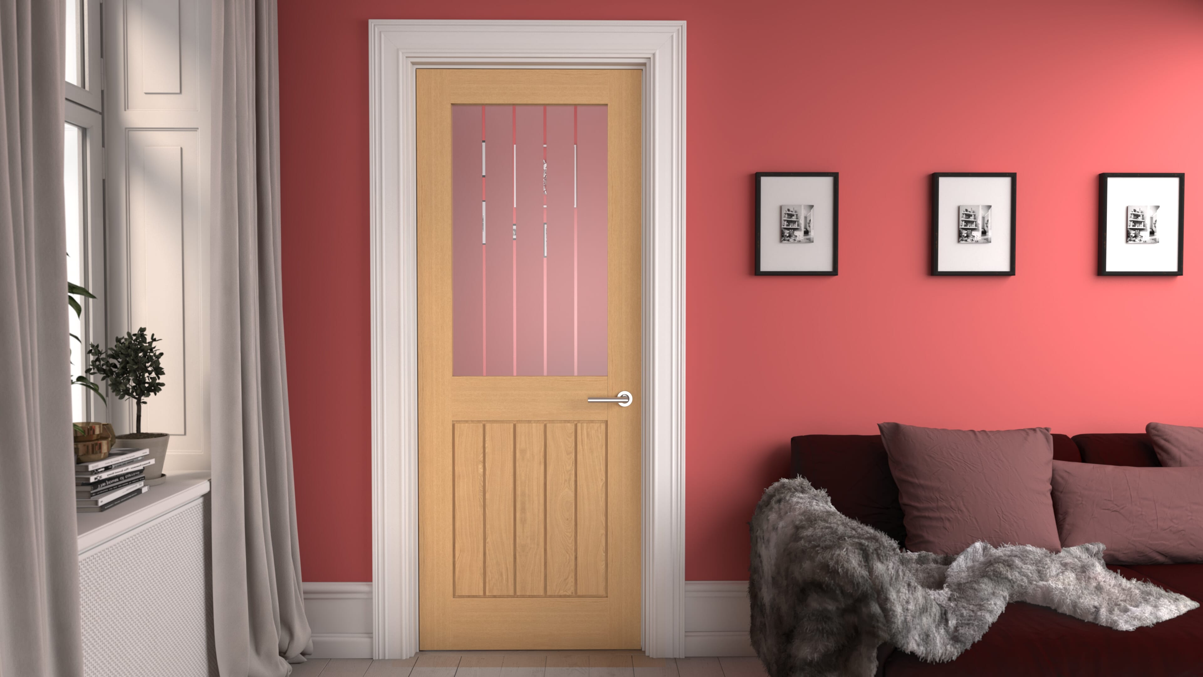 762x1981x35mm (30") Mexicano Oak Half Light - Frosted with clear Lines Prefinished Door