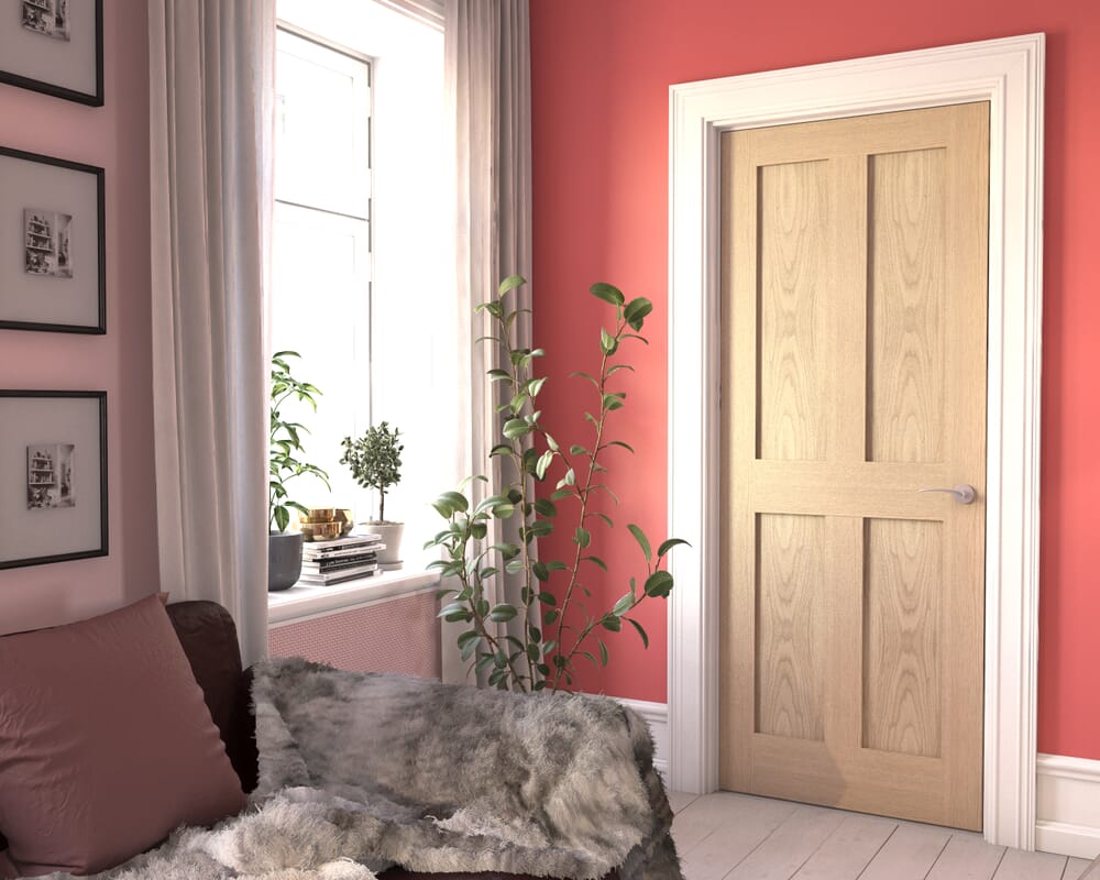 2040 x 726 x 44mm FD30 (29") Oak Victorian 4 Panel Shaker Internal Fire Doors