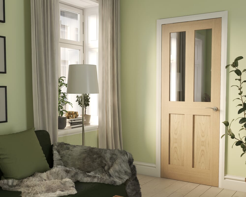 1981 x 838 x 35mm (33") Oak Victorian 4 Panel Shaker - Clear Glass Internal Doors