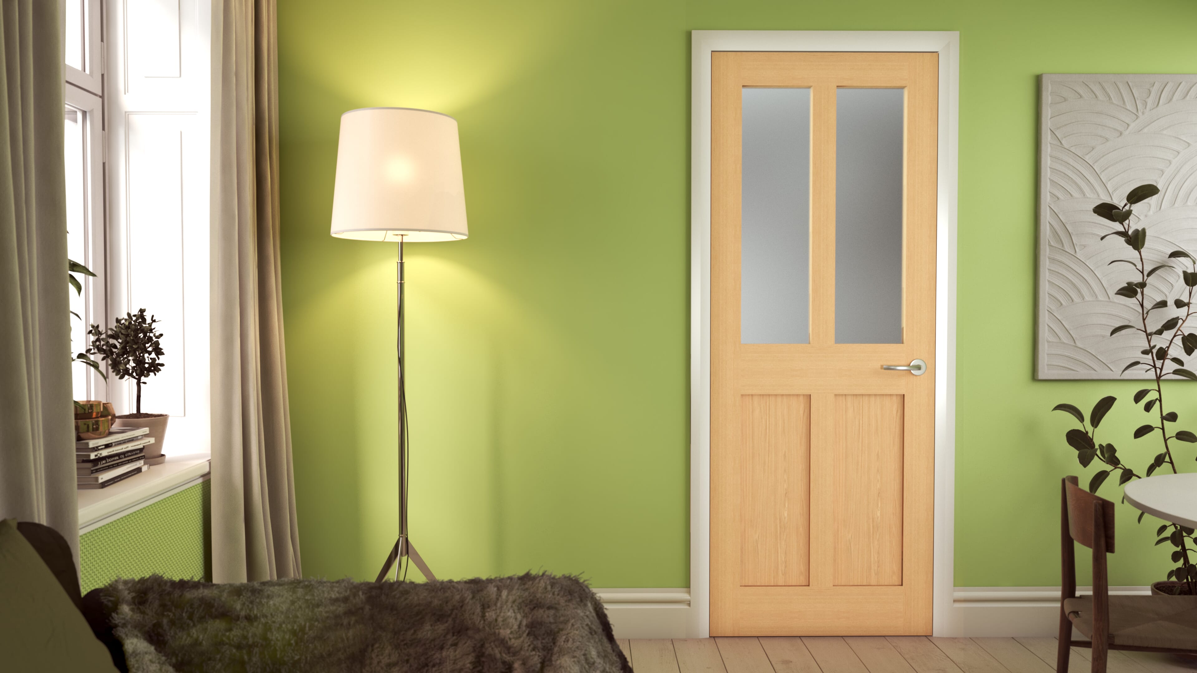 838x1981x35mm (33") Oak Victorian 4 Panel Shaker - Frosted Glass Door