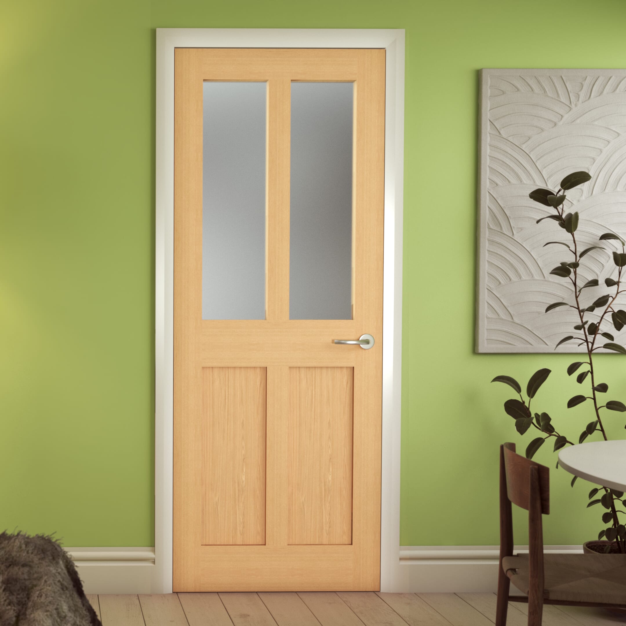 838x1981x35mm (33") Oak Victorian 4 Panel Shaker - Frosted Glass Door