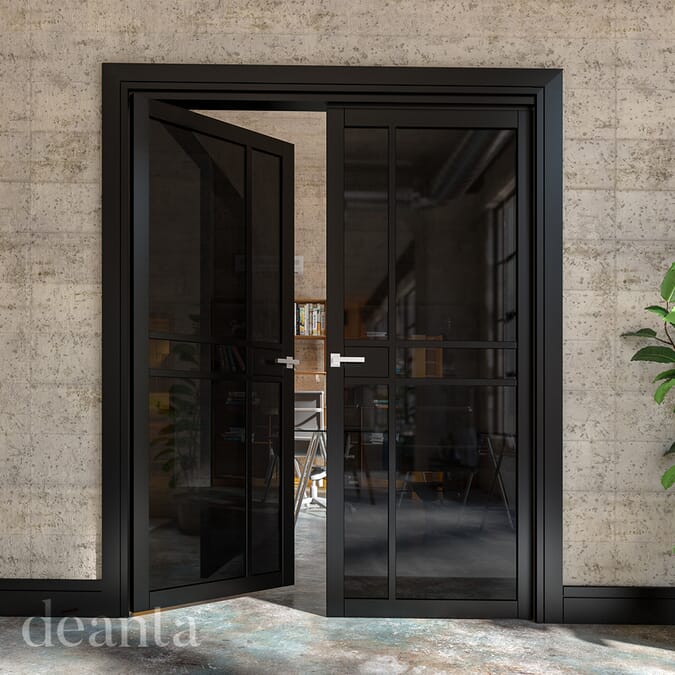 2040 x 726 x 40mm Dalston Black Prefinished - Smoked Glass  Internal Door
