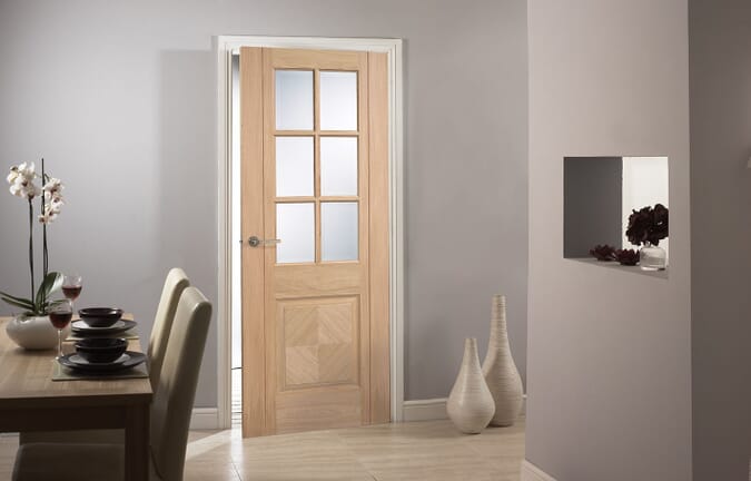 2032 x 813 x 35mm (32") Barcelona 6L - Clear Bevelled Glass Prefinished Oak  Internal Door