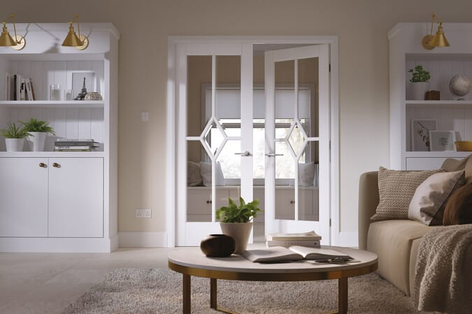 1981 x 1219 x 40mm (48") Reims White Pairs - Clear Bevelled Glass  Internal Door