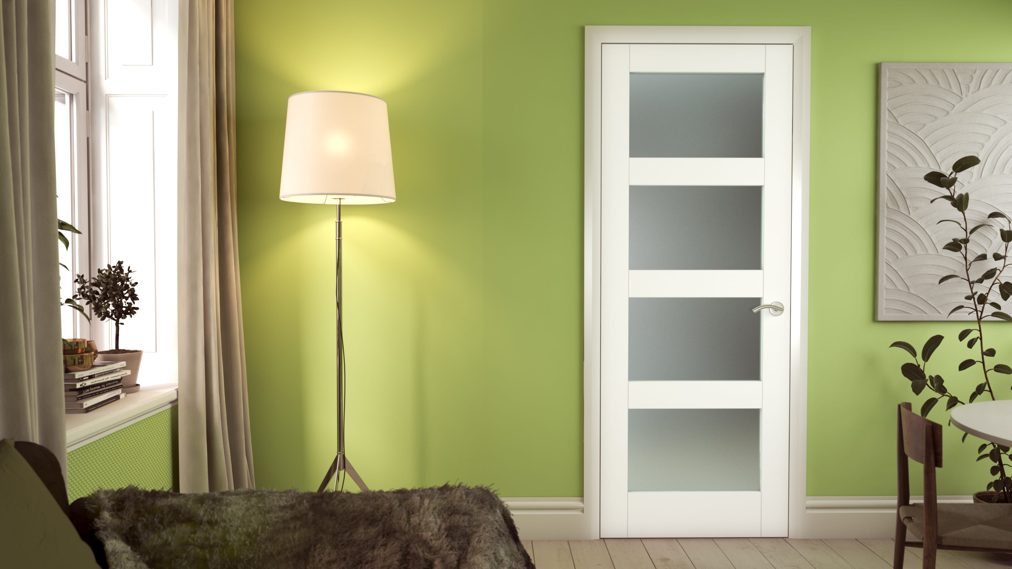 1981 x 686 x 35mm White Shaker 4L Frosted Glass