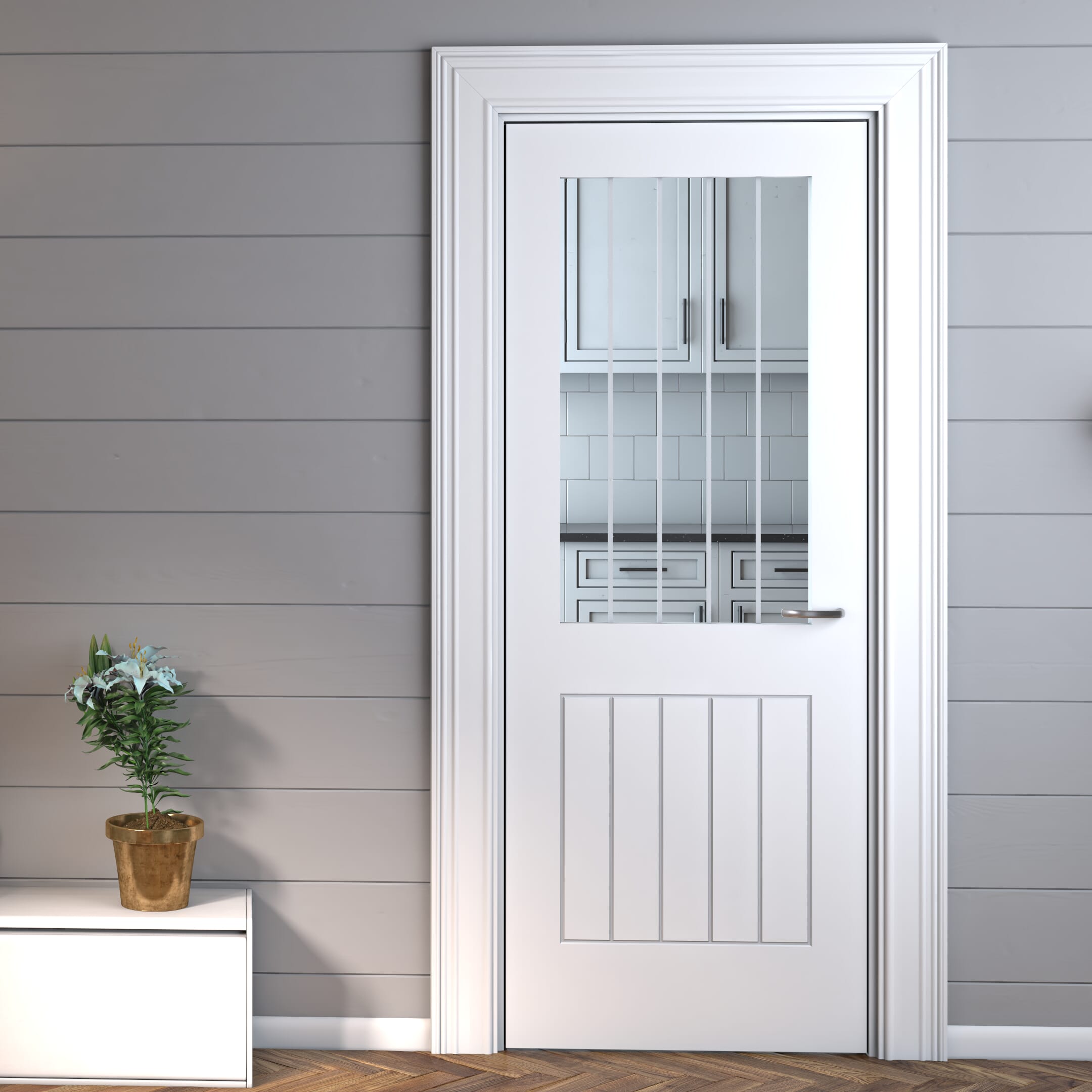 Suffolk White Prefinished 1L - Clear Glass with Frosted Lines Internal Doors