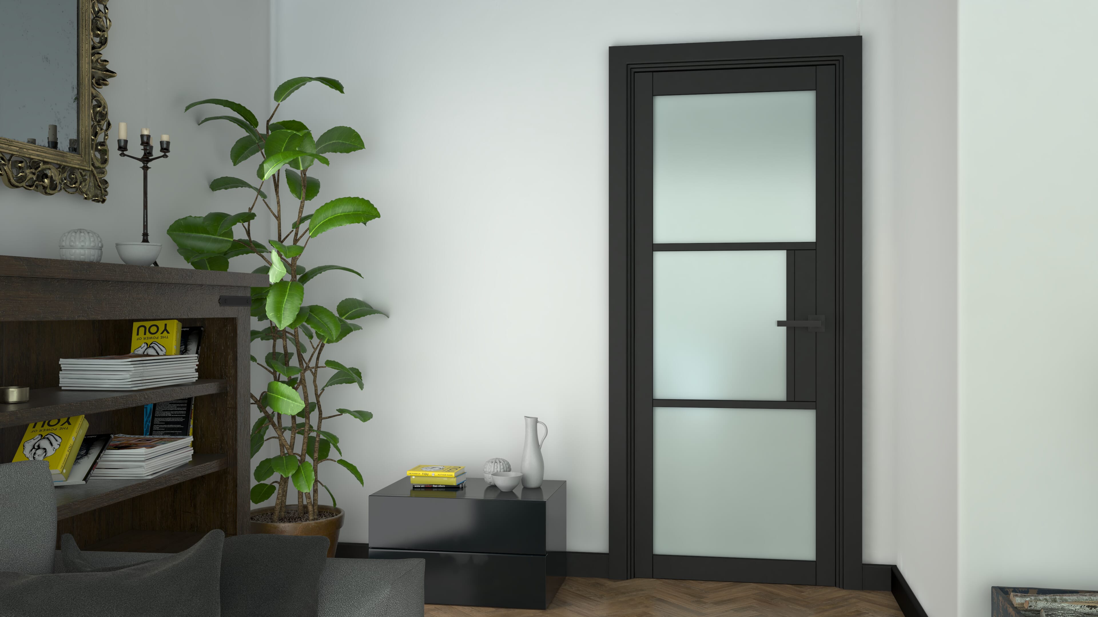 black interior doors with frosted glass
