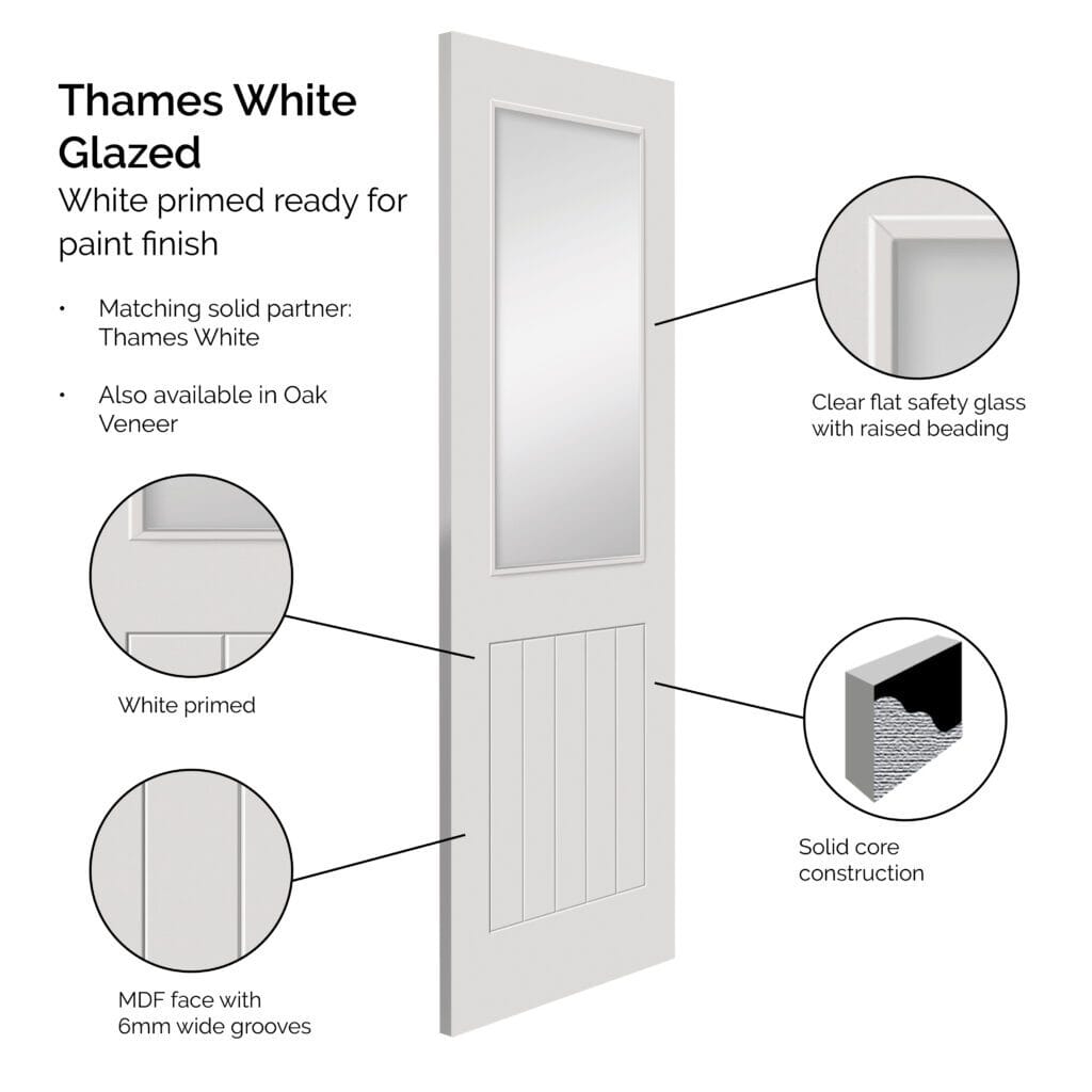 1981mm x 686mm x 35mm (27") White Thames Half Light Glazed Internal Doors