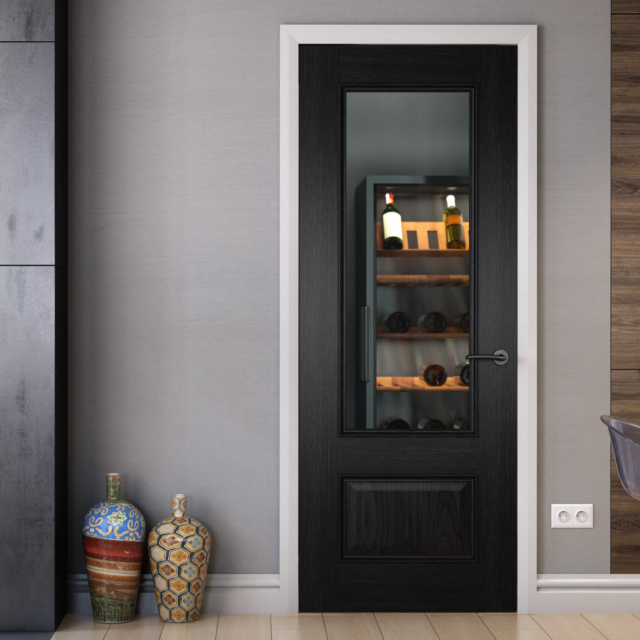 686x1981x35mm (27") Surrey Black Oak Clear Glass - Prefinished Internal Doors
