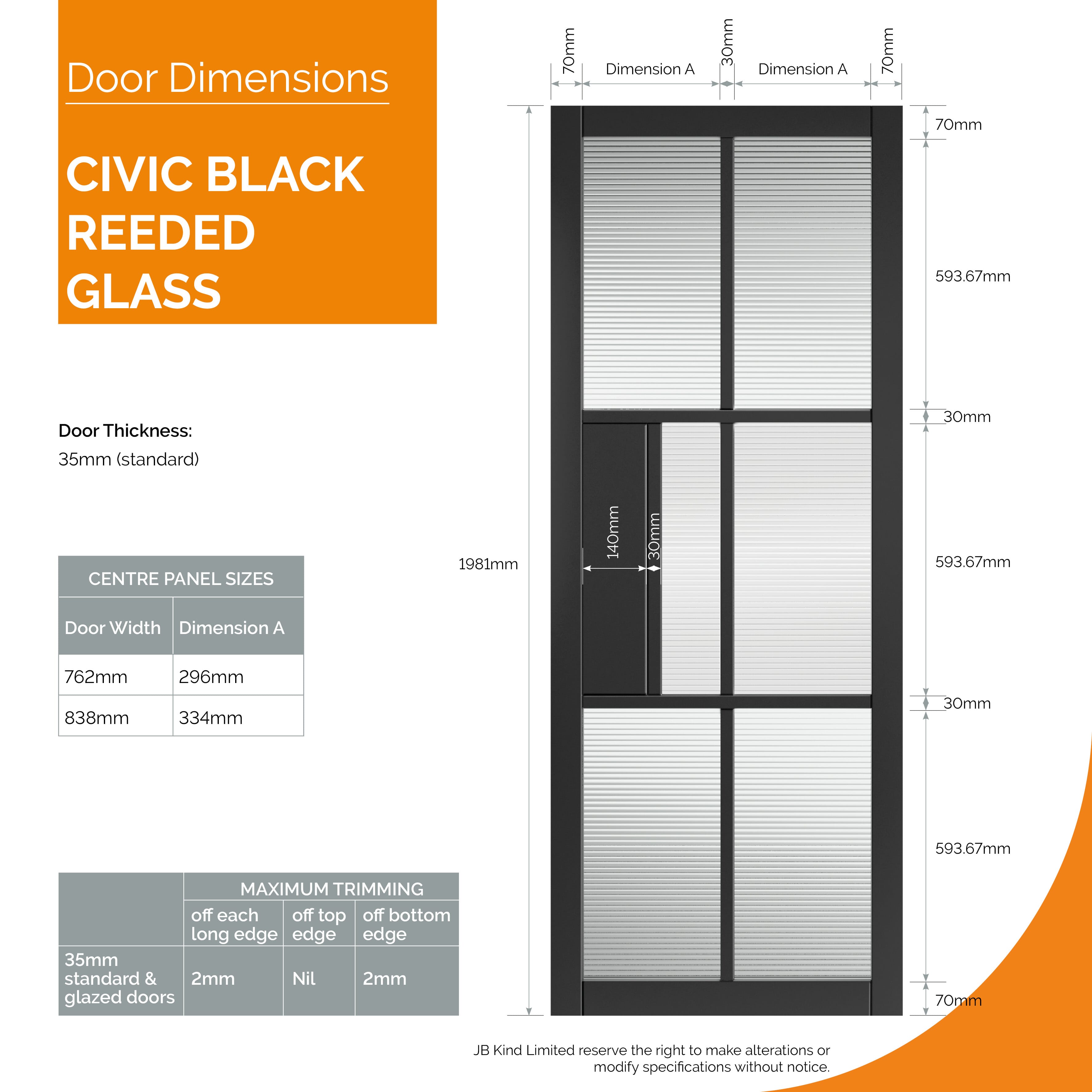 762x1981x35mm (30") Civic Black Reeded Glass Internal Doors