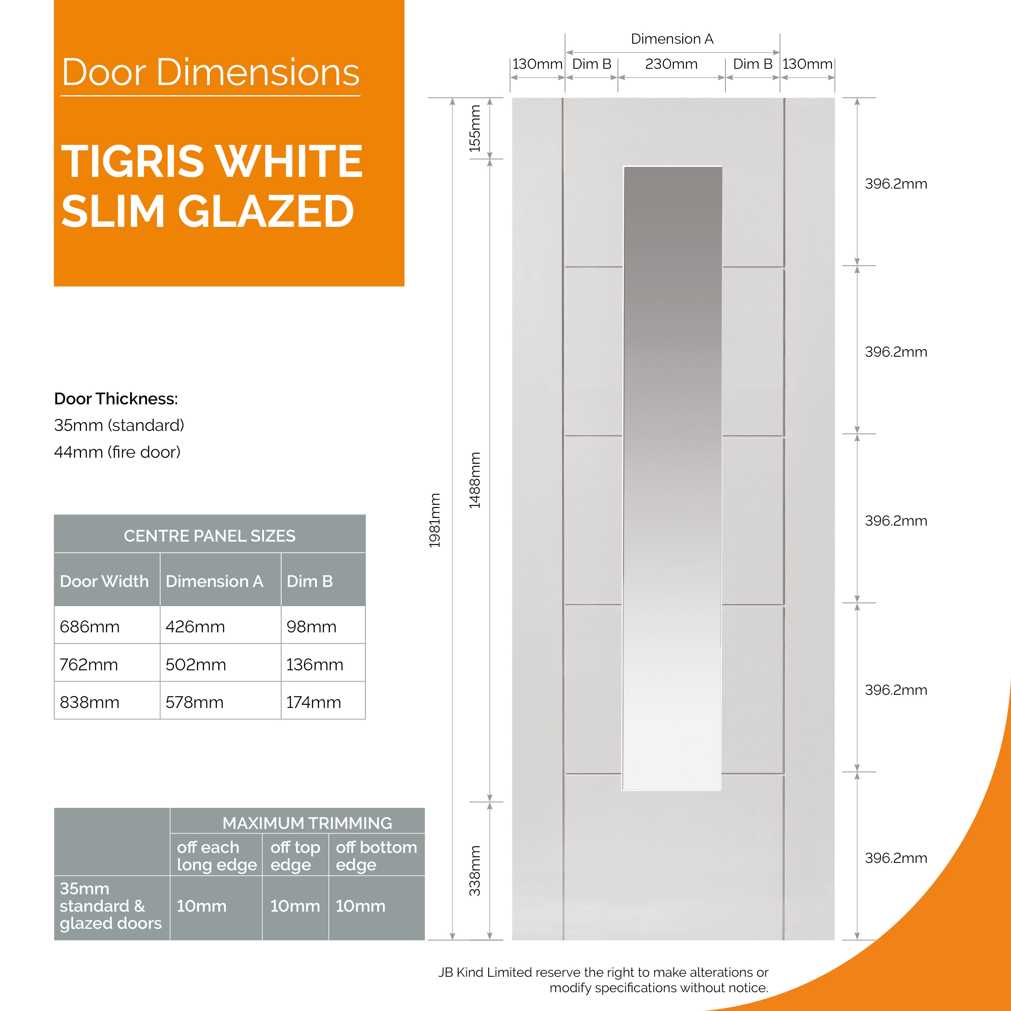 1981mm x 762mm x 35mm (30") Tigris White Primed Slim Glazed Internal Doors