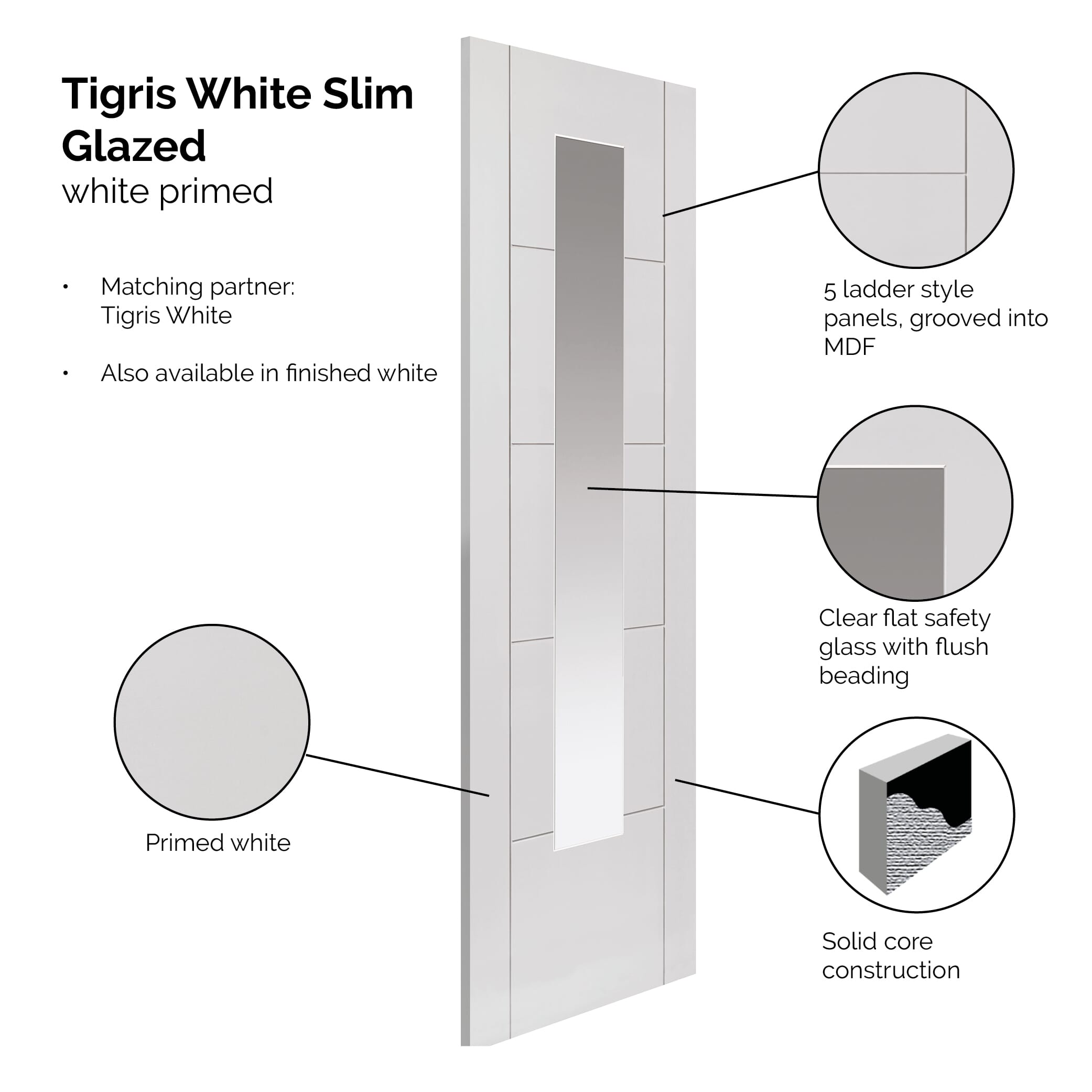 1981mm x 762mm x 35mm (30") Tigris White Primed Slim Glazed Internal Doors