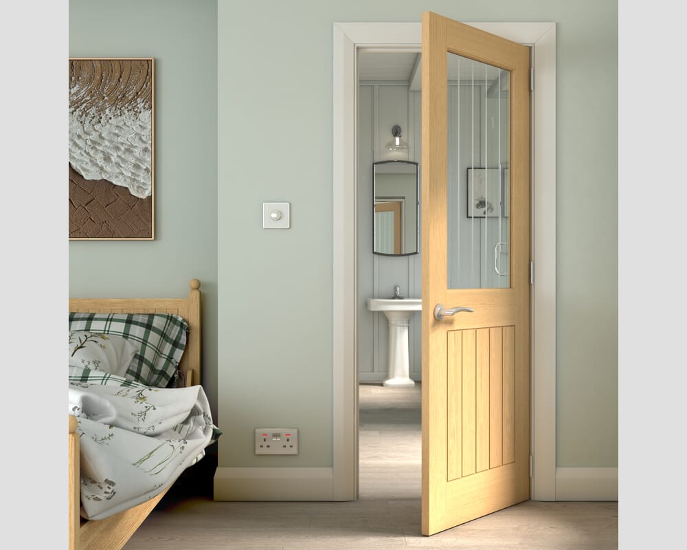 610x1981x35mm (24") Cottage Oak Clear Glass with Frosted Lines - Prefinished Internal Doors