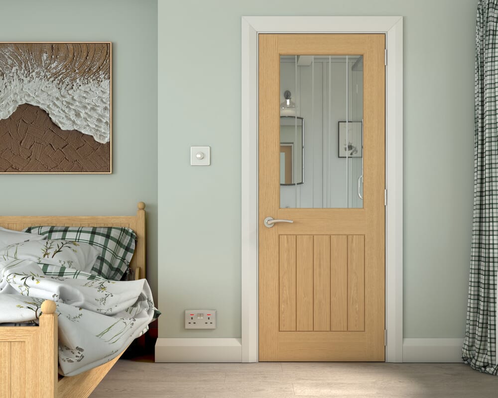 610x1981x35mm (24") Cottage Oak Clear Glass with Frosted Lines - Prefinished Internal Doors