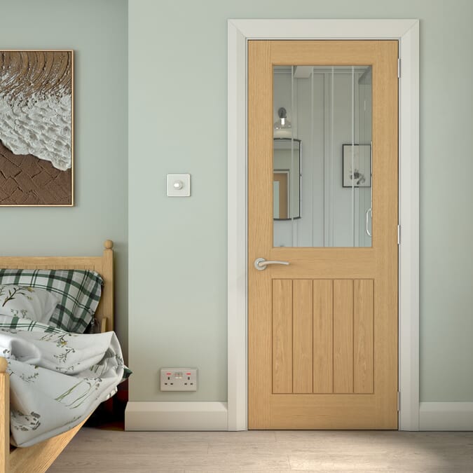 686x1981x35mm (27") Cottage Oak Clear Glass with Frosted Lines Internal Doors