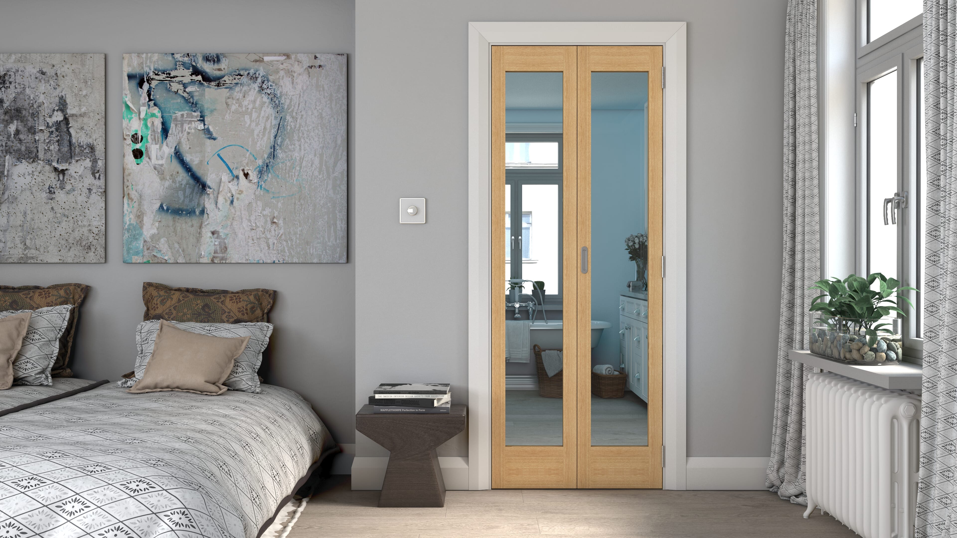 762x1981x35mm (30") Oak Shaker 1 Light Clear Glass Bi-fold Doors