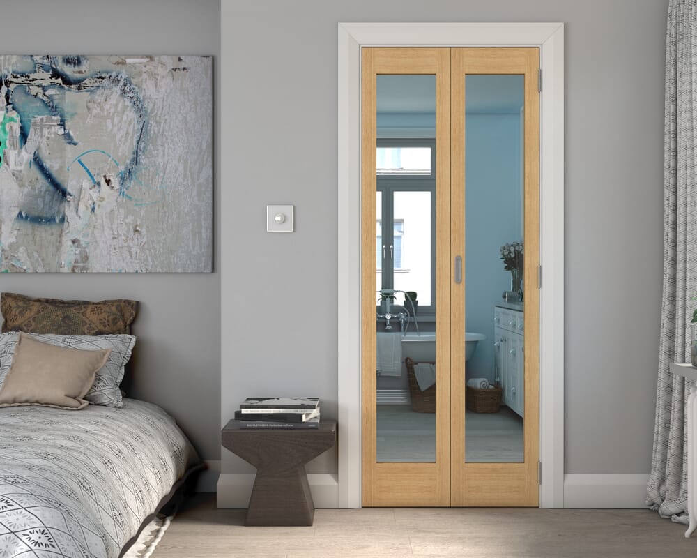 762x1981x35mm (30") Oak Shaker 1 Light Clear Glass Bi-fold Doors