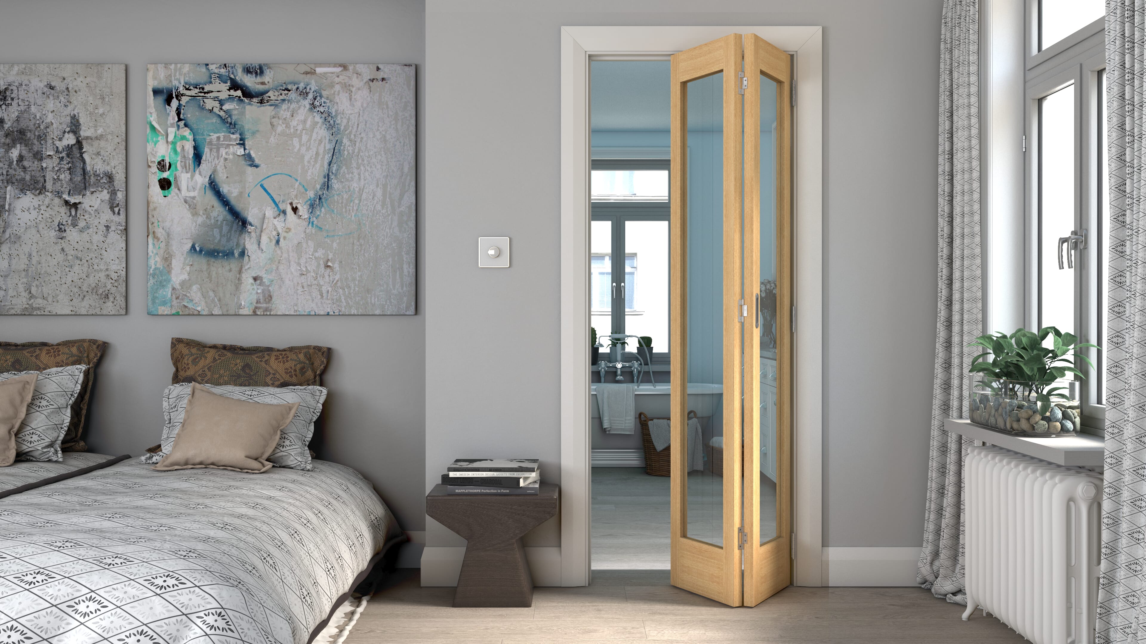 762x1981x35mm (30") Oak Shaker 1 Light Clear Glass Bi-fold Doors
