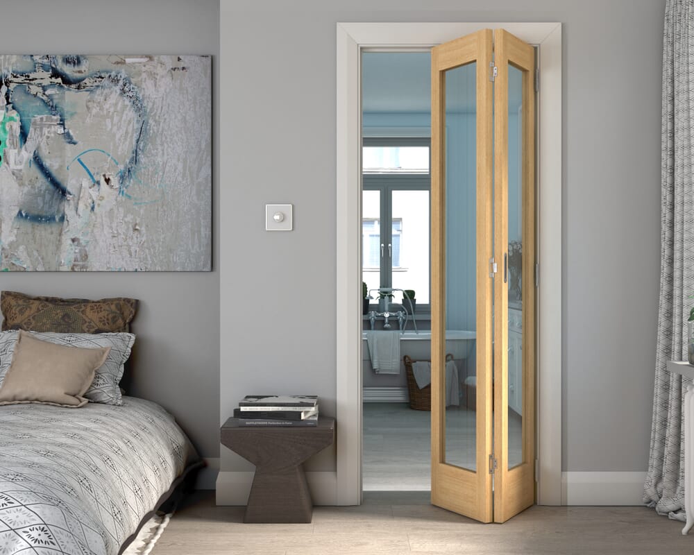762x1981x35mm (30") Oak Shaker 1 Light Clear Glass Bi-fold Doors
