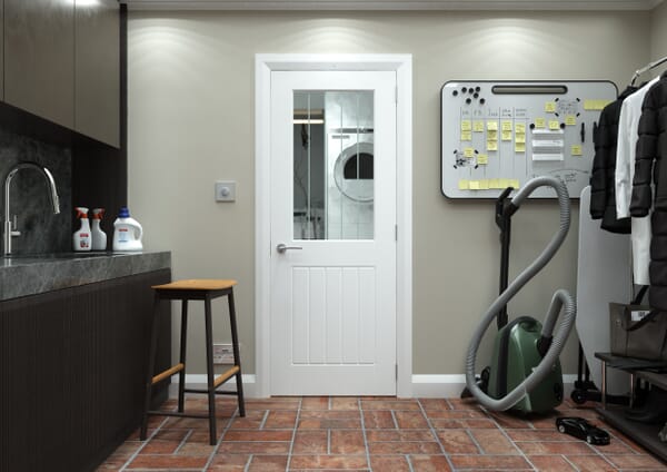 White Smooth Mexicano Clear Glass with Frosted Lines Internal Doors