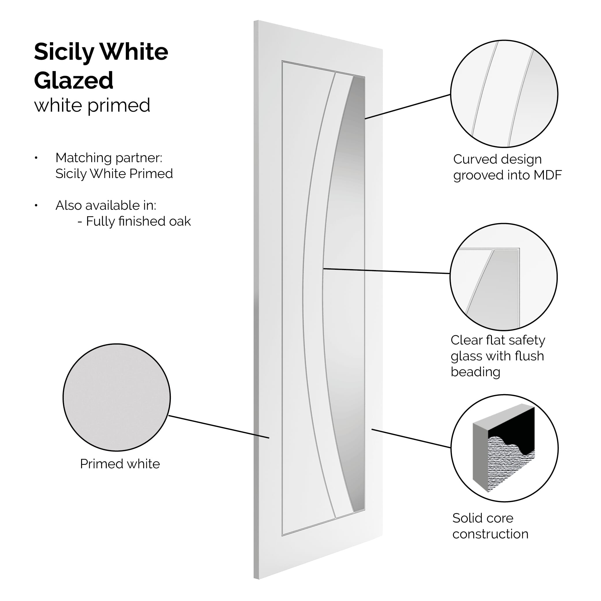 1981x610x35mm (24") White Sicily Glazed Internal Doors