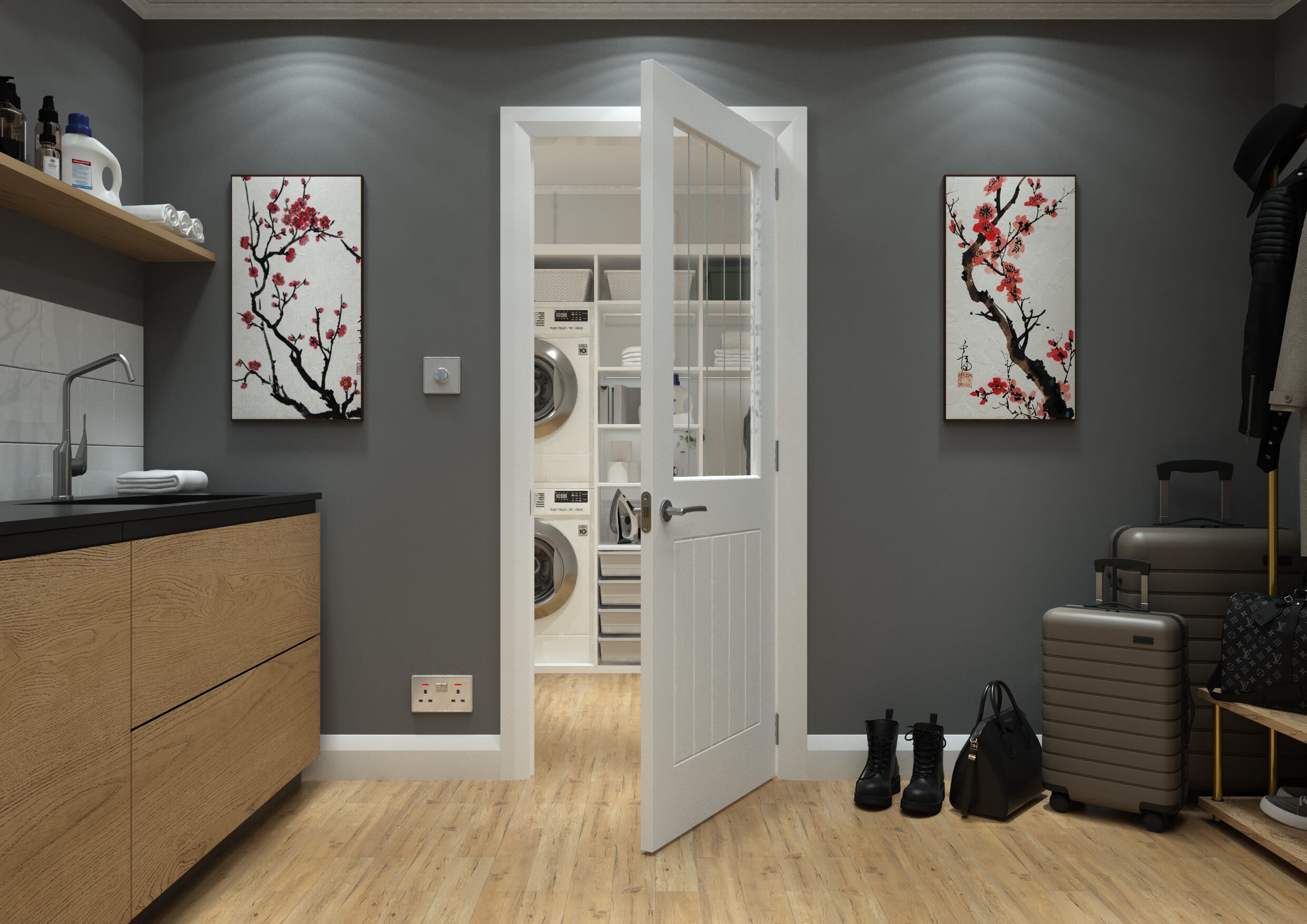 2040mm x 826mm x 40mm White Grained Mexicano Clear Glass with Frosted Lines Internal Doors