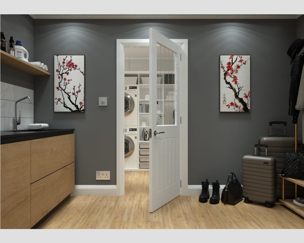 1981mm x 762mm x 35mm (30") White Grained Mexicano Clear Glass with Frosted Lines Internal Doors