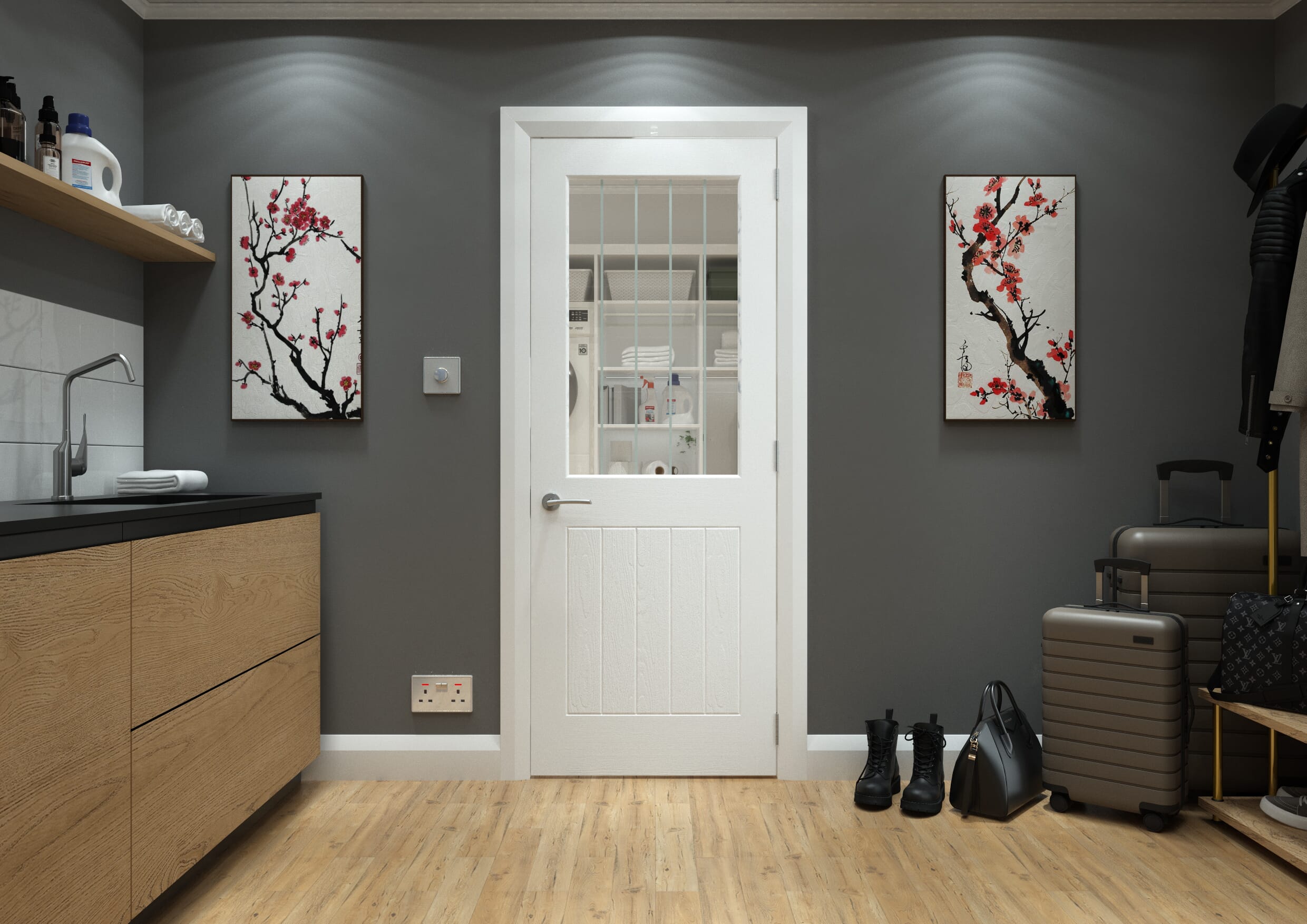 White Grained Mexicano Clear Glass with Frosted Lines Internal Doors