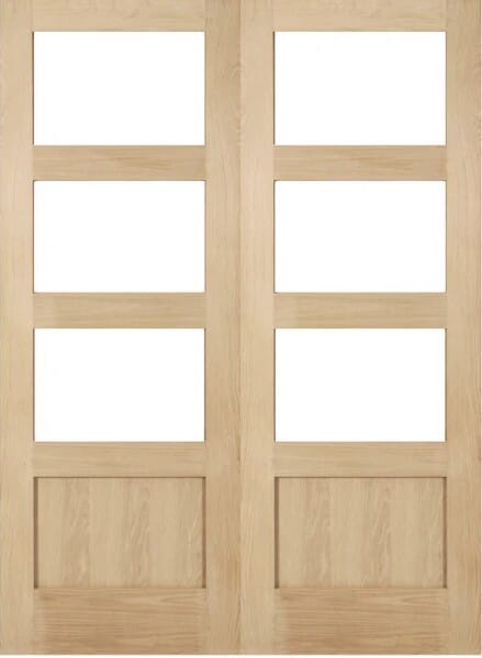 Oak Shaker 3 Light Clear Glazed Rebated Pair Internal Doors