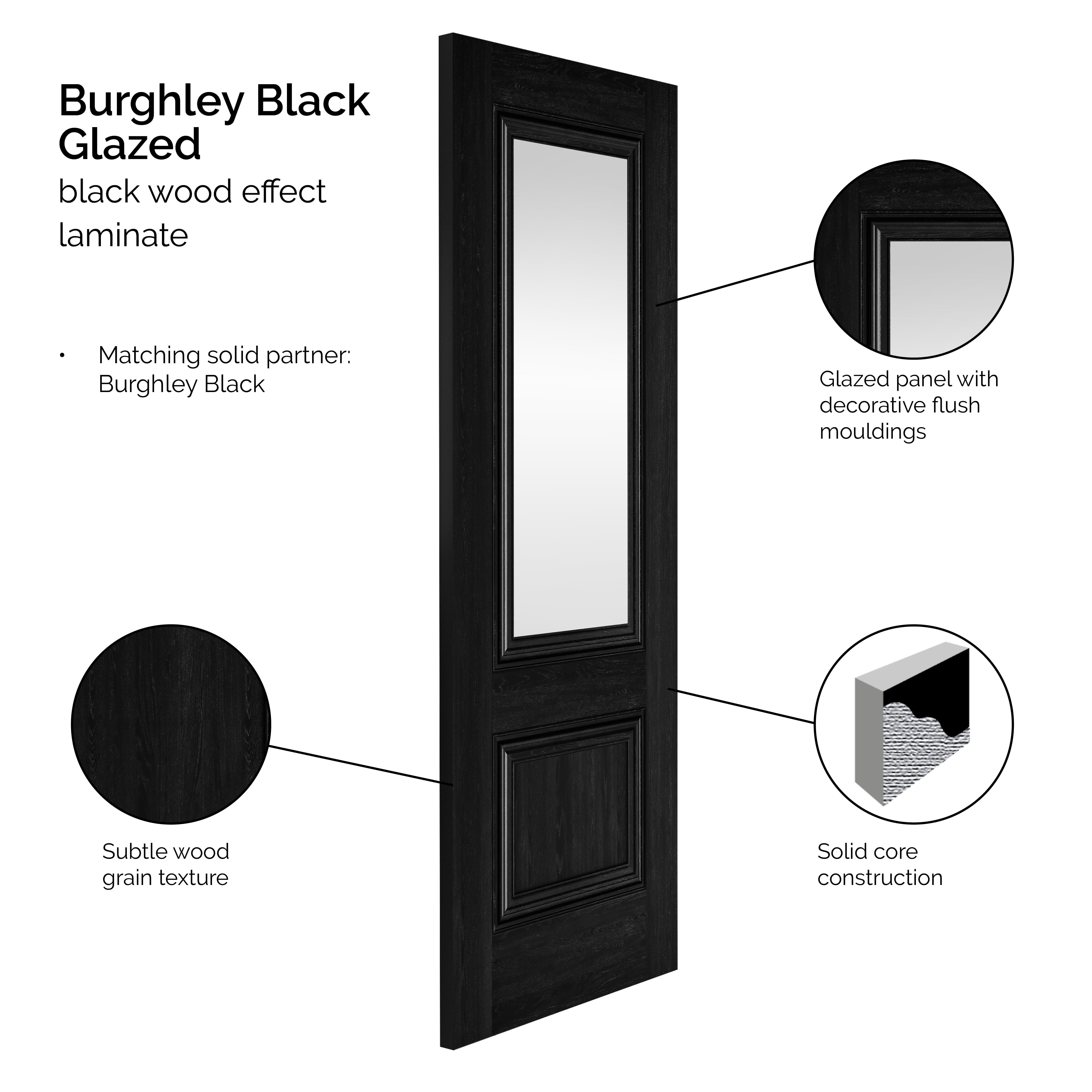 610x1981x35mm Burghley Black Laminate Clear Glazed Internal Doors
