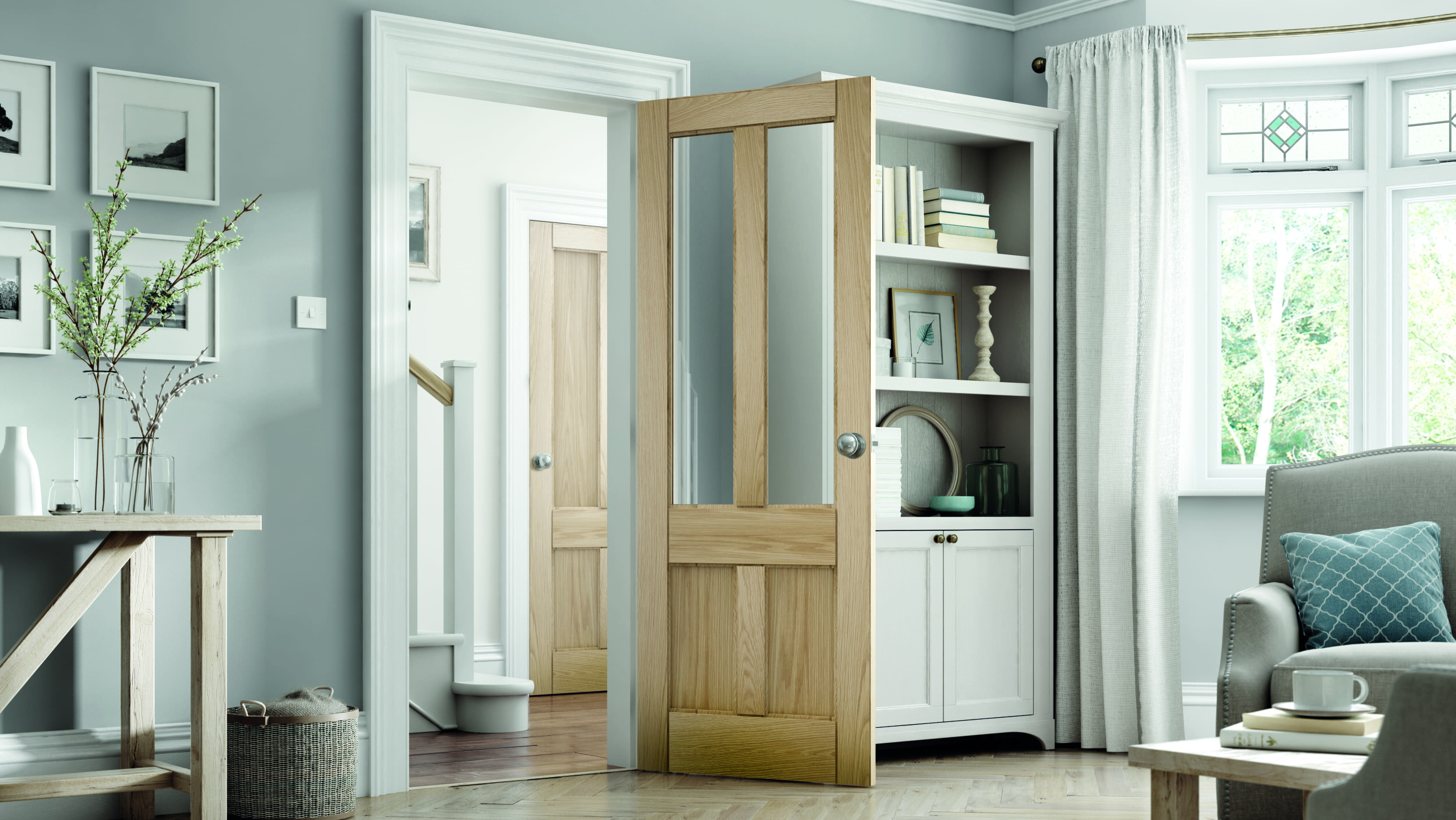 Deco 4 Panel Clear Glazed Oak Internal Doors