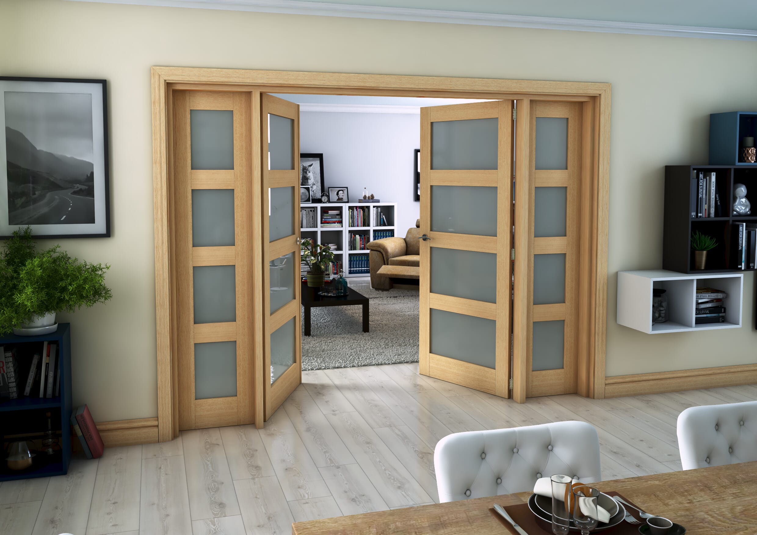 Oak 4L Frosted Glazed Internal French Doors