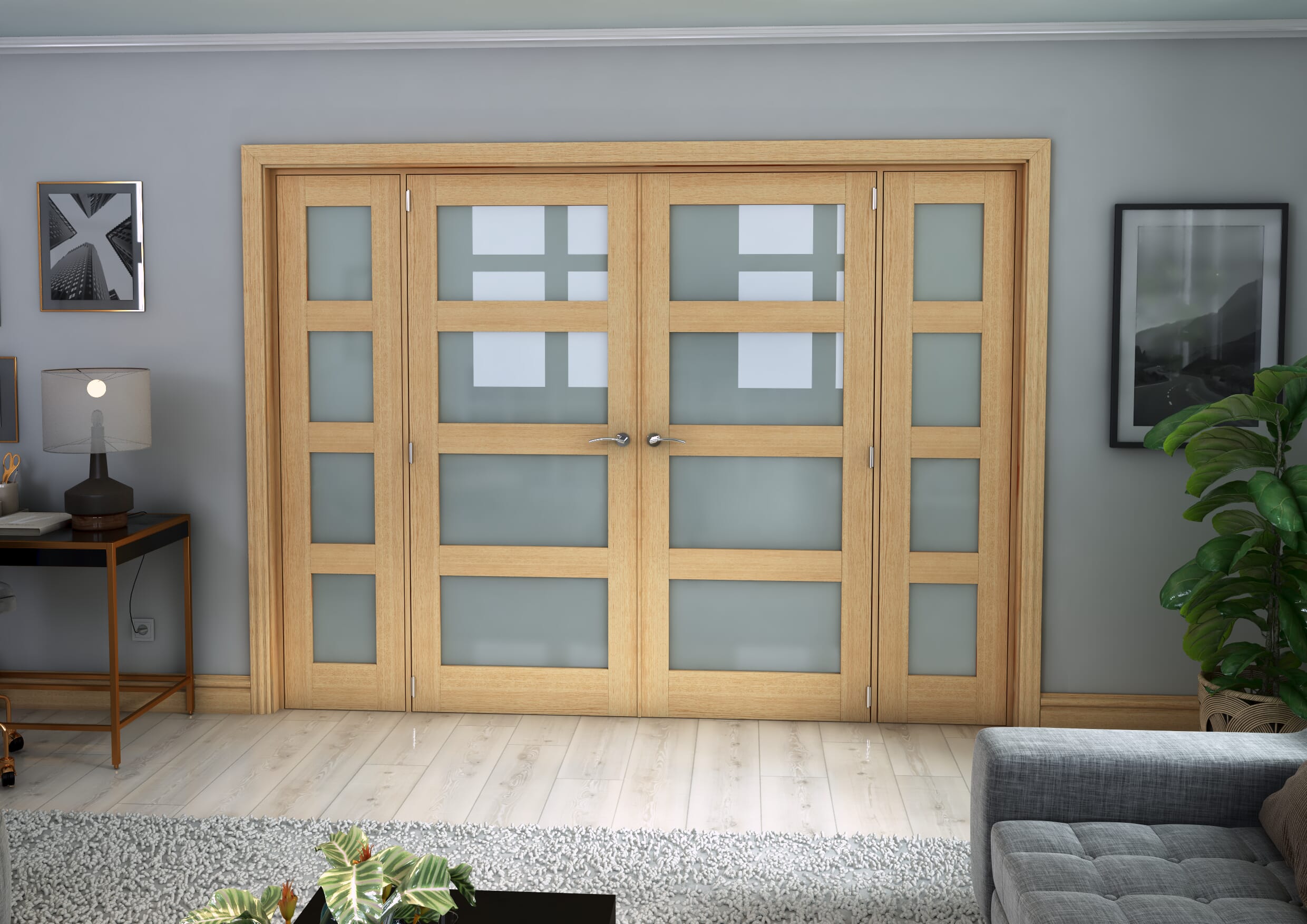 Oak 4L Frosted Glazed Internal French Doors