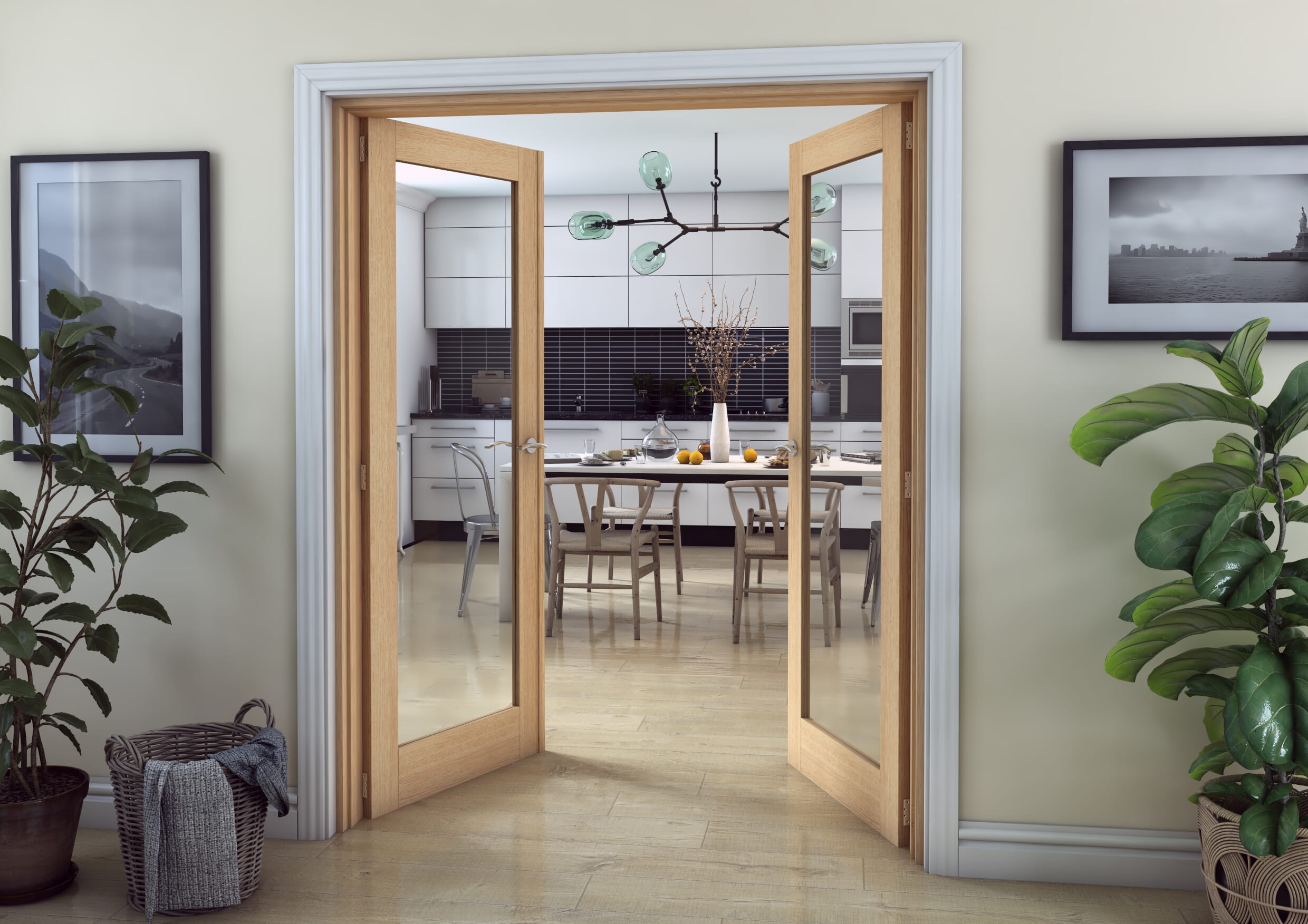Oak P10 Clear Glazed Prefinished Internal French Doors