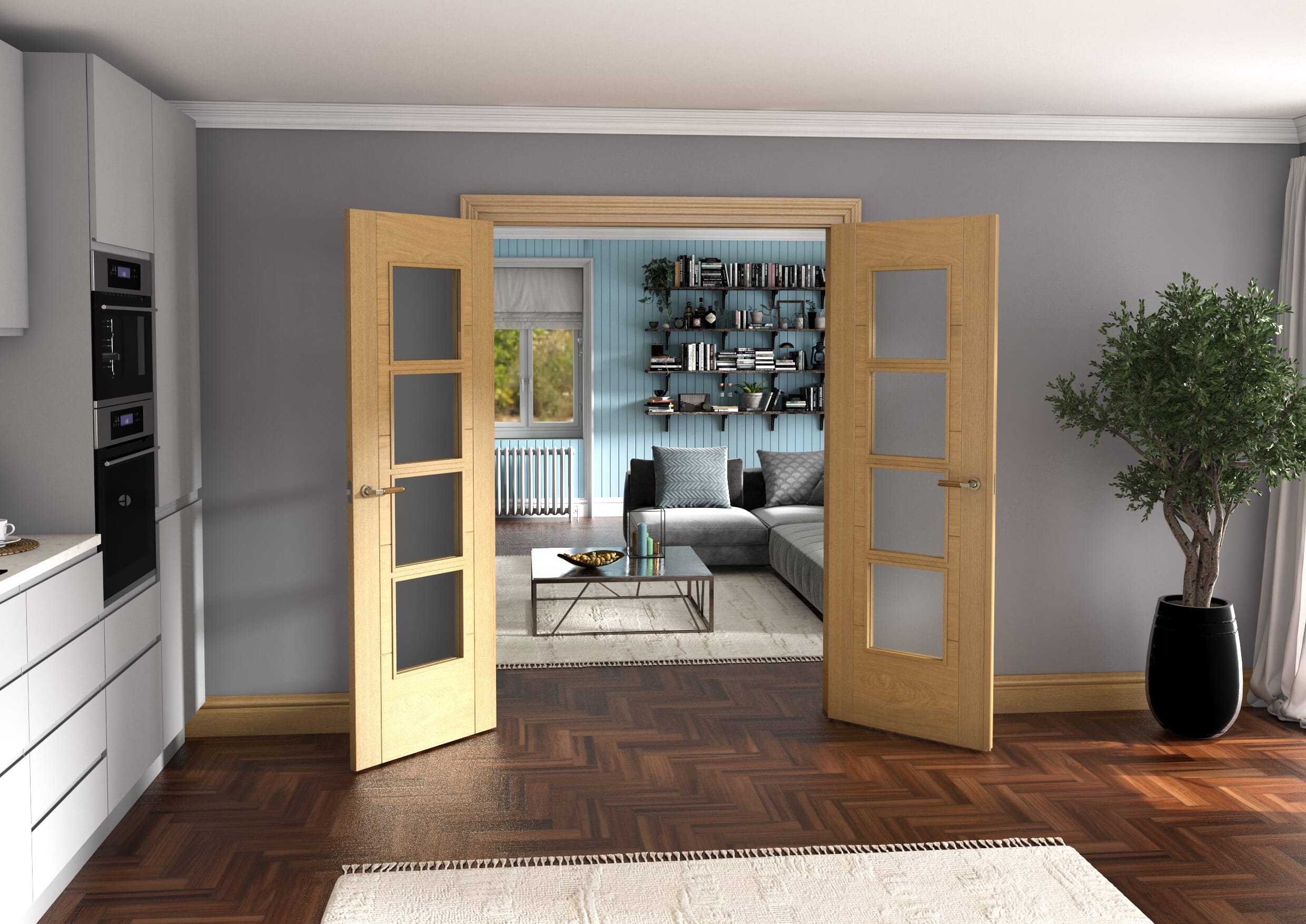 Oak Iseo 4 Light Frosted Glazed French Doors