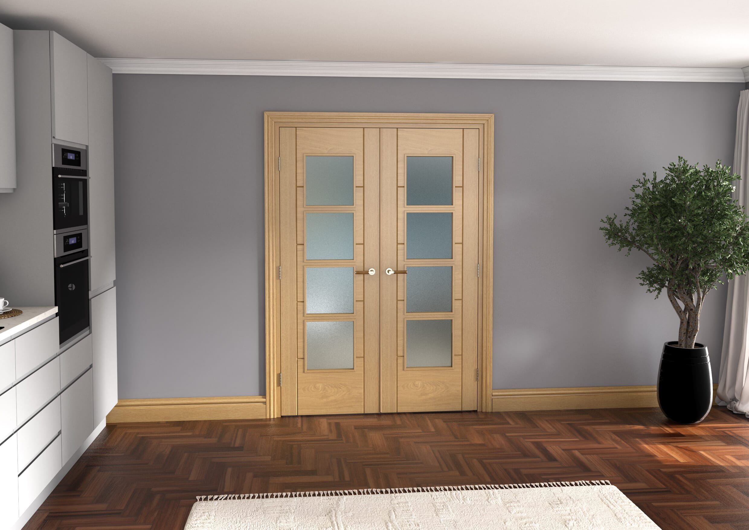 Oak Iseo 4 Light Frosted Glazed French Doors