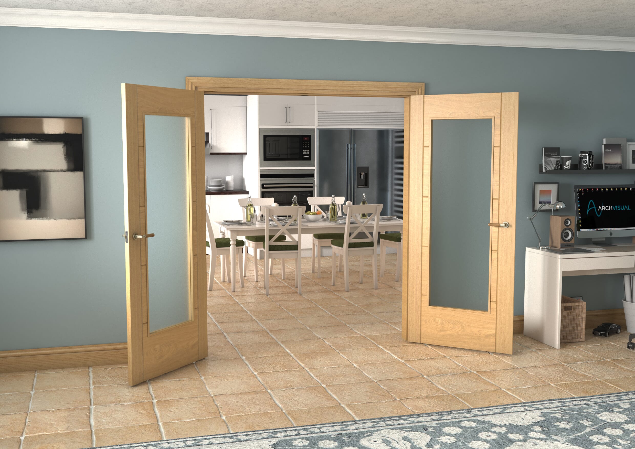 Oak Iseo 1 Light Frosted Glazed French Doors
