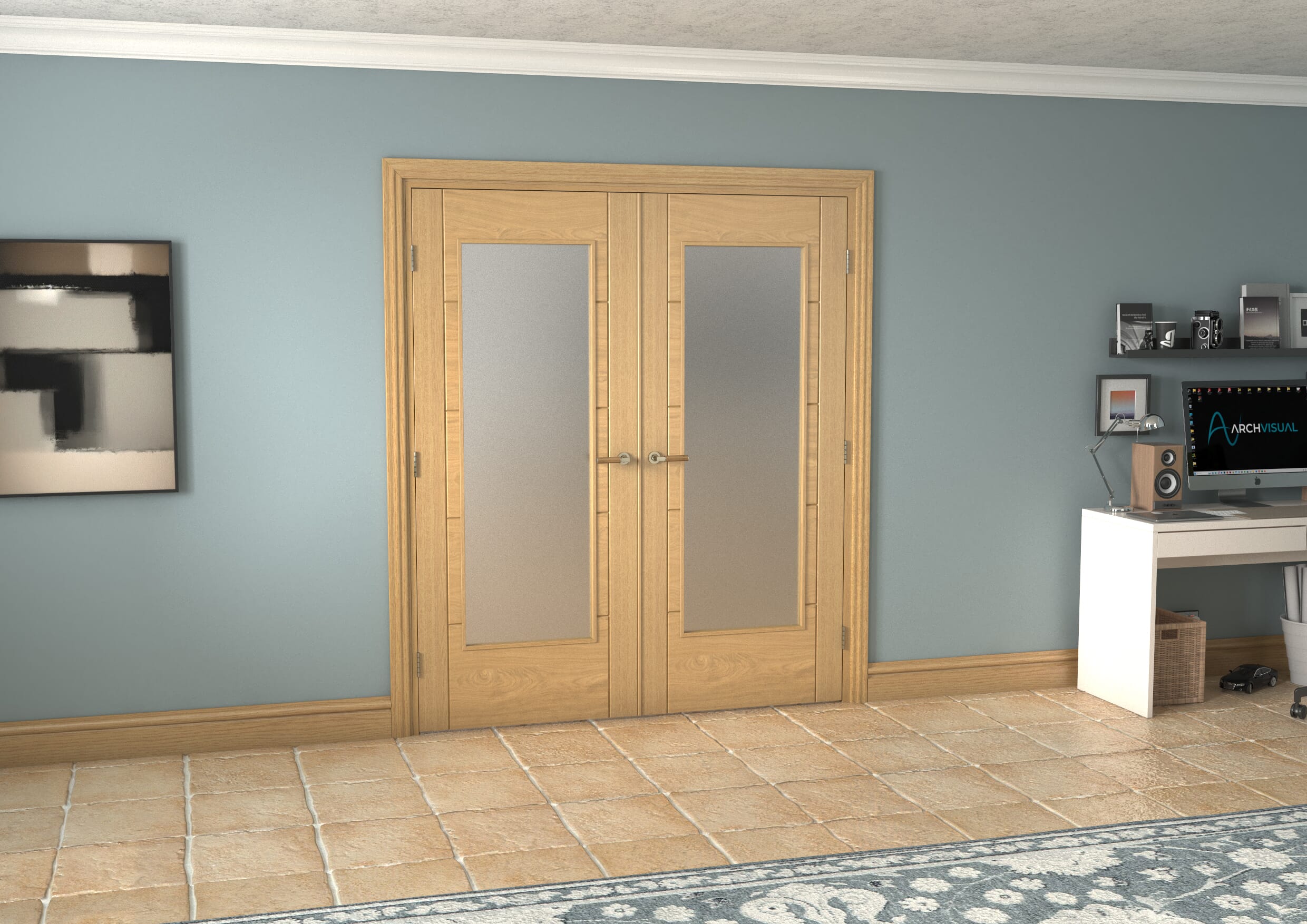 Oak Iseo 1 Light Frosted Glazed French Doors