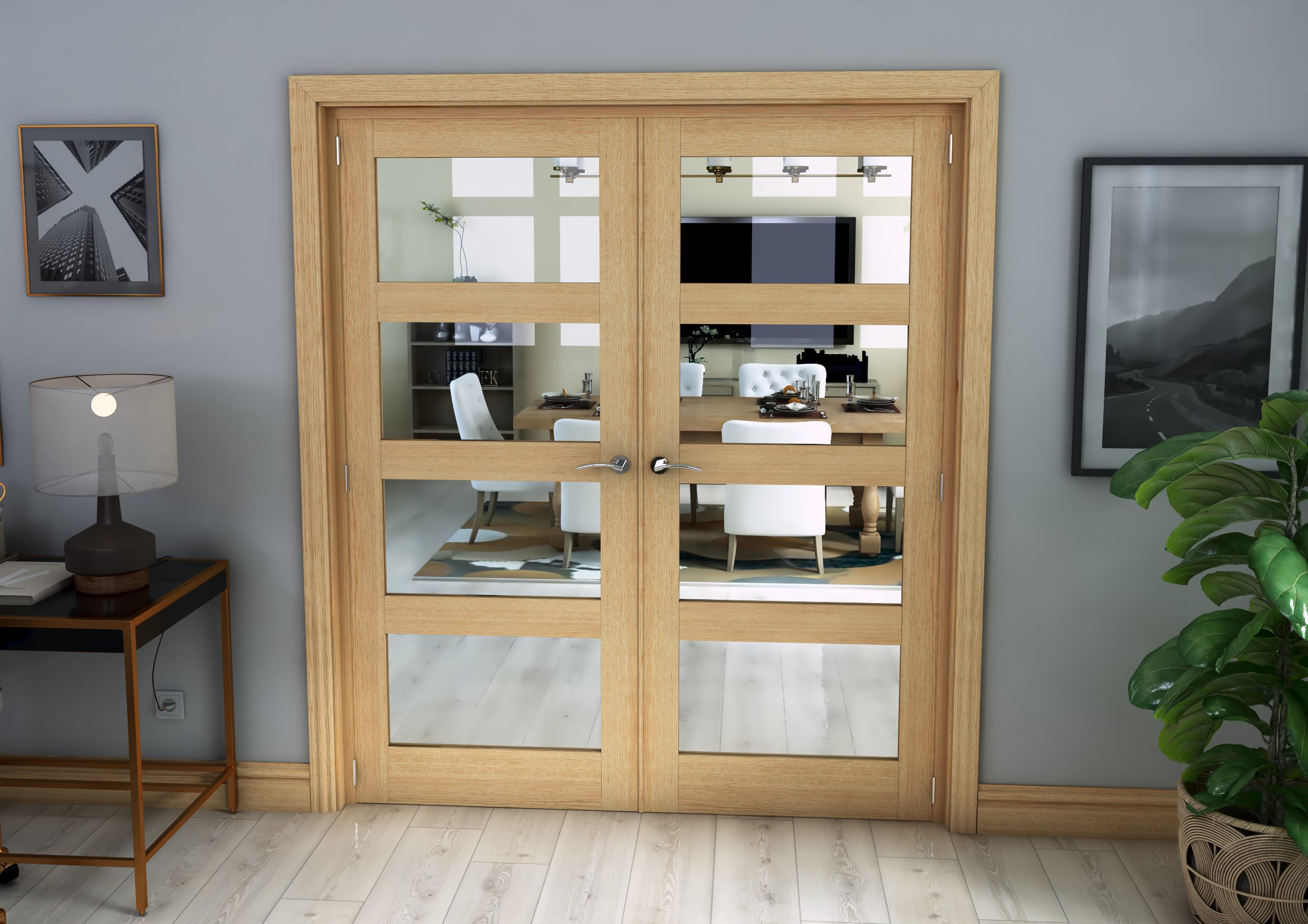 Oak 4L Clear Glazed Prefinished Internal French Doors