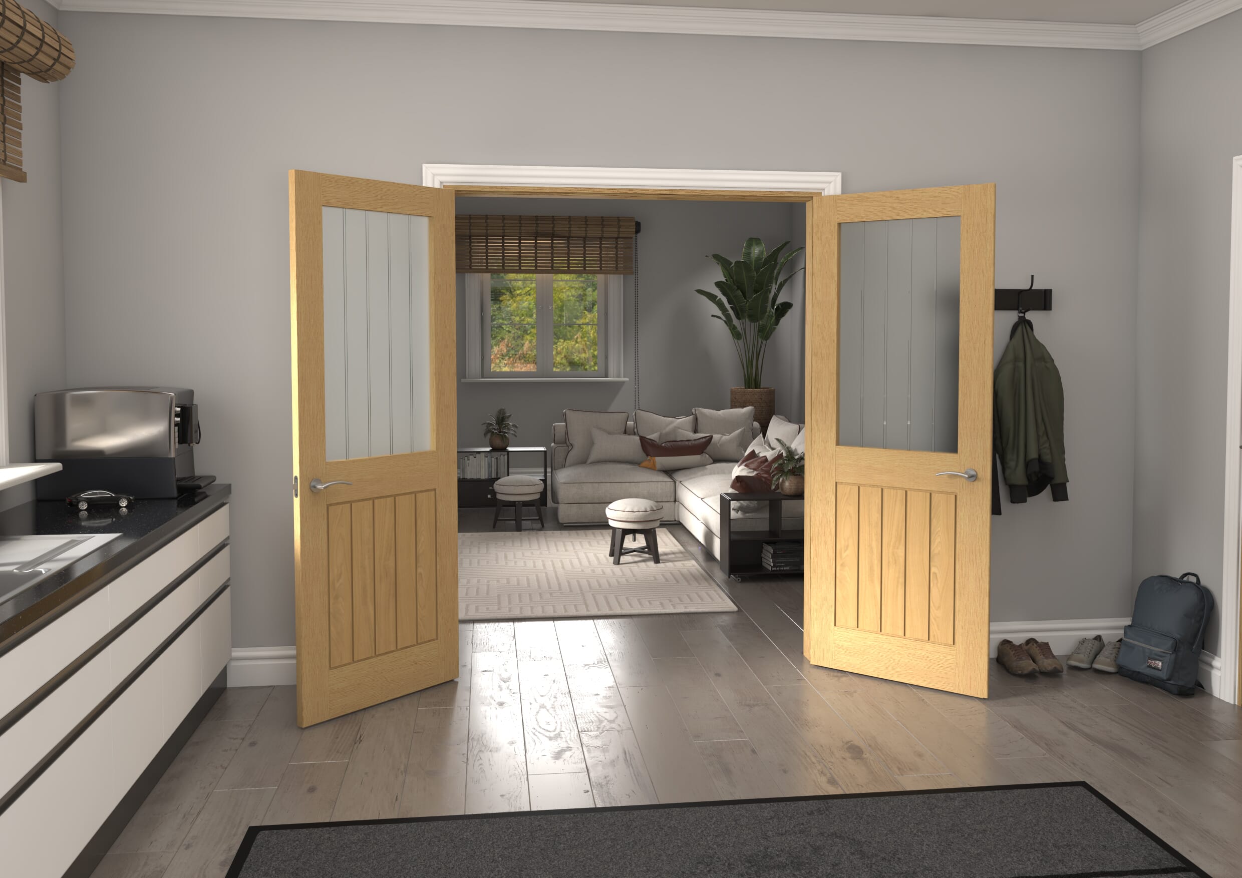 Mexicano Frosted Glass with Clear Lines Oak French Door Set