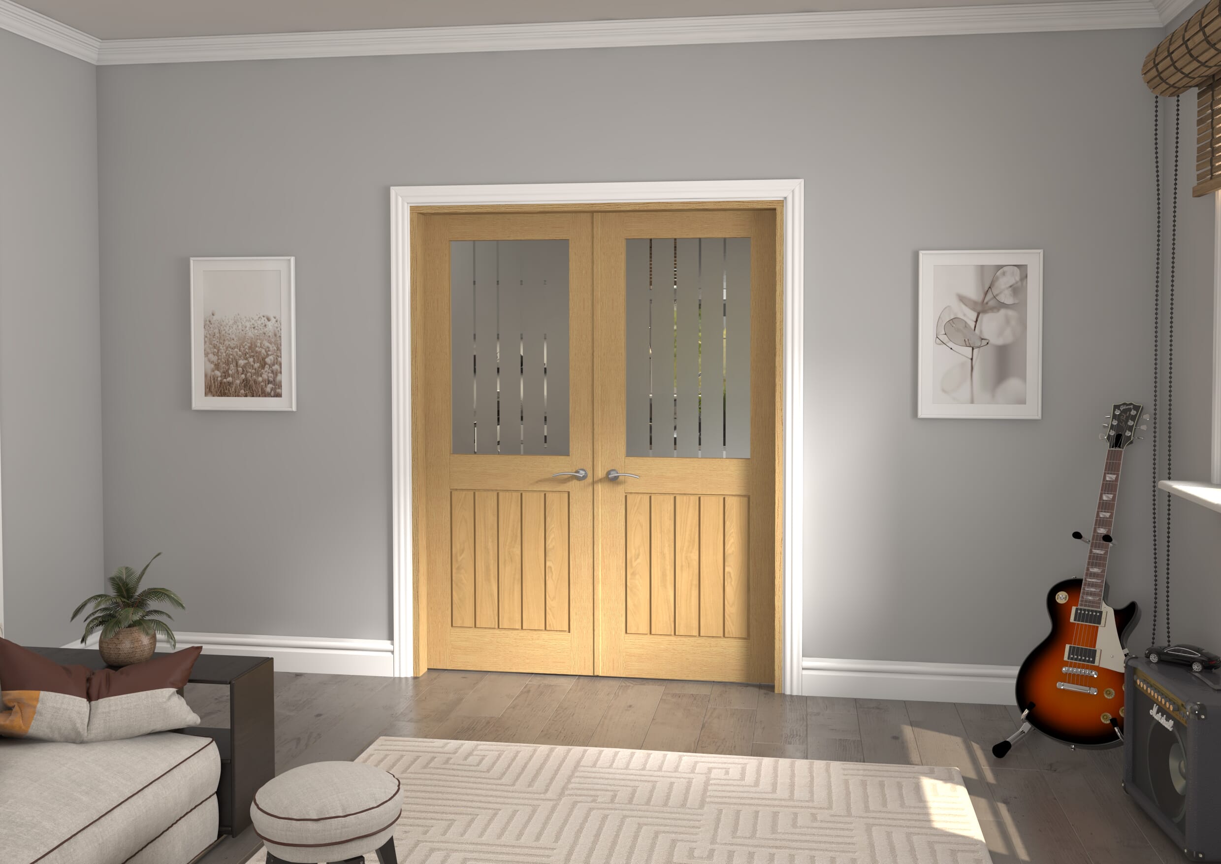 Mexicano Frosted Glass with Clear Lines Oak French Door Set