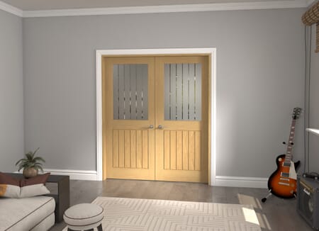 Mexicano Frosted Glass with Clear Lines Oak Prefinished French Door Set