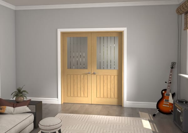 1580x2021x133mm Mexicano Frosted Glass with Clear Lines Oak Prefinished French Door Set