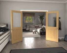 Mexicano Frosted Glass with Clear Lines Oak Prefinished French Door Set