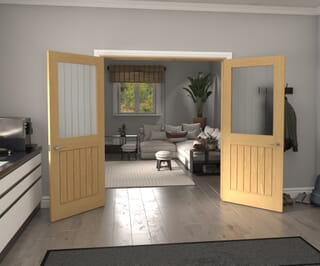 Mexicano Frosted Glass with Clear Lines Oak Prefinished French Door Set
