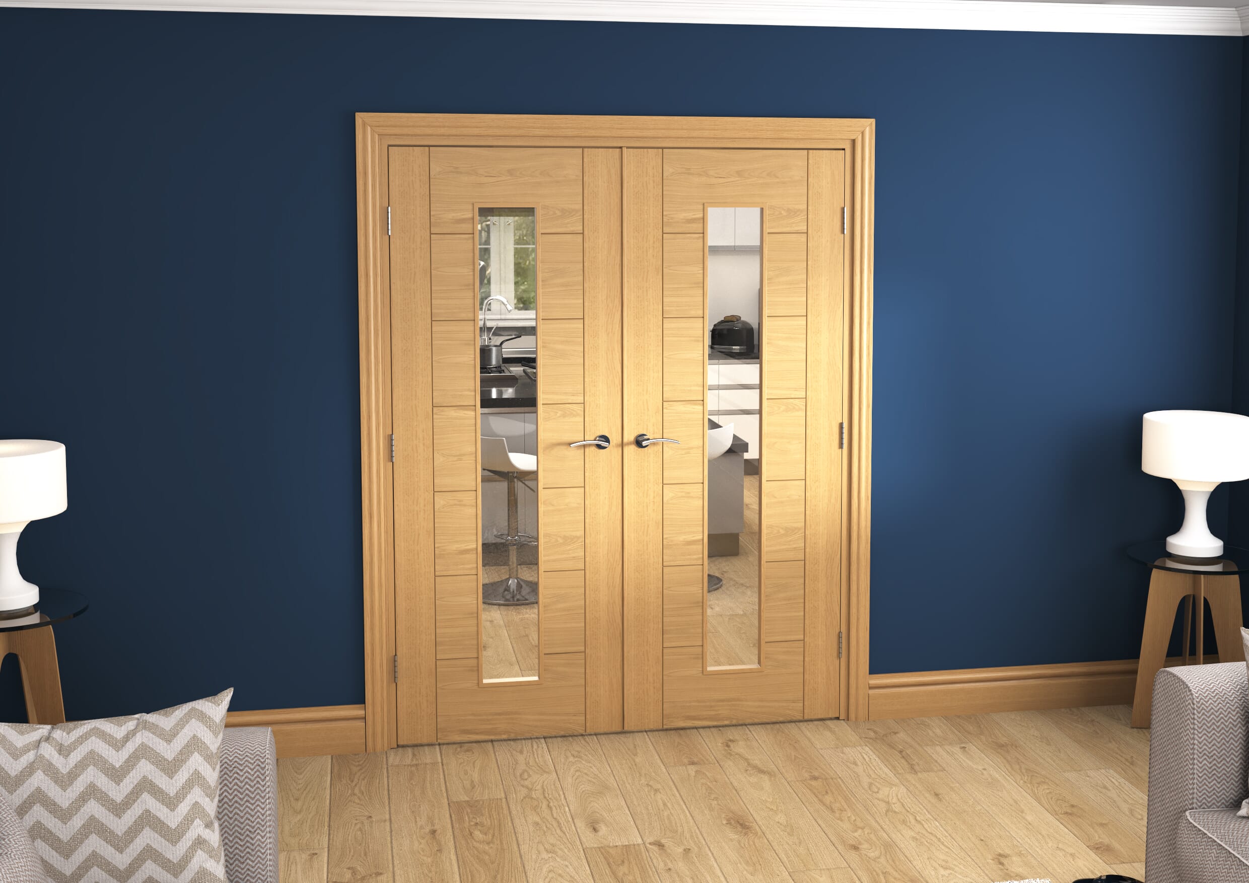Modern 7 Panel Oak Clear Glazed Prefinished French Door Set