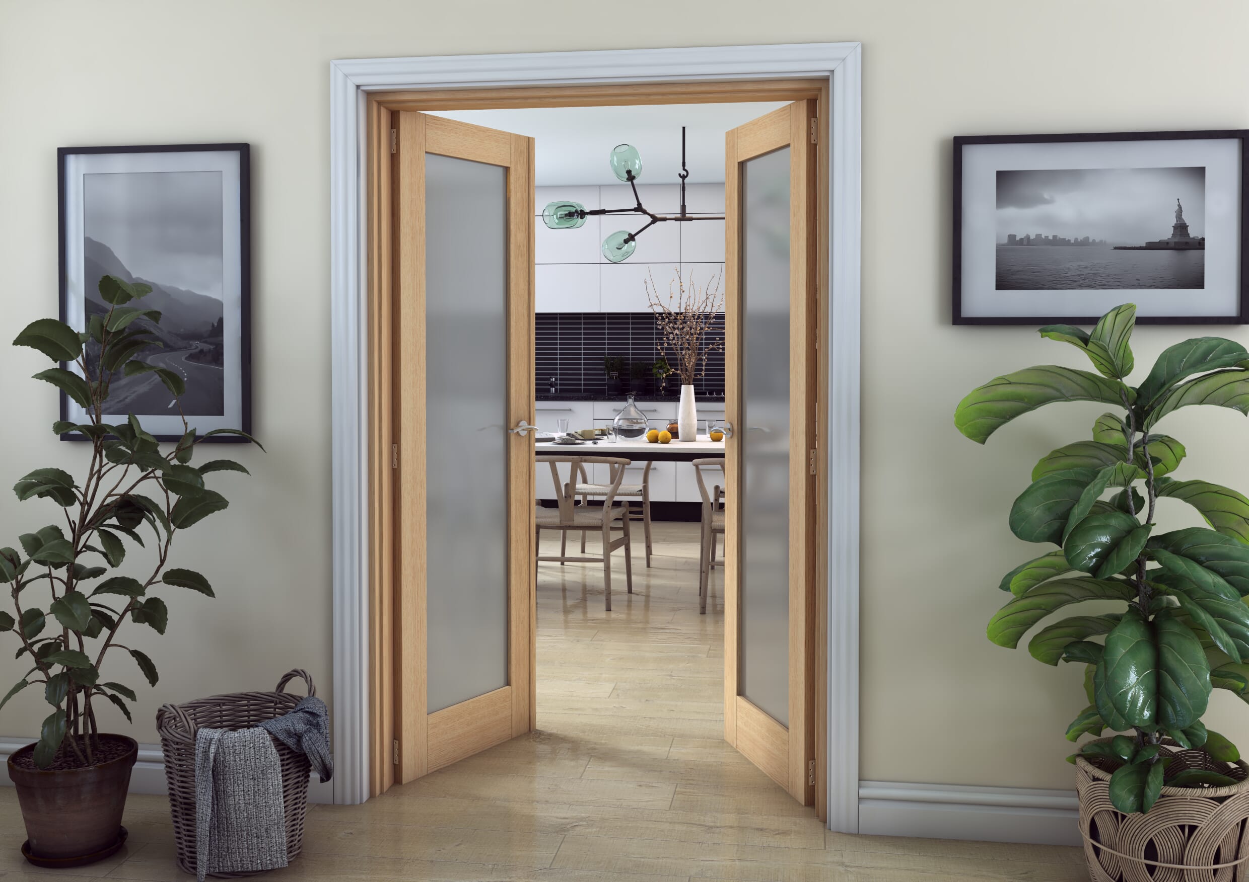 1290mm x 2021mm Oak P10 Frosted Glazed Prefinished Internal French Doors