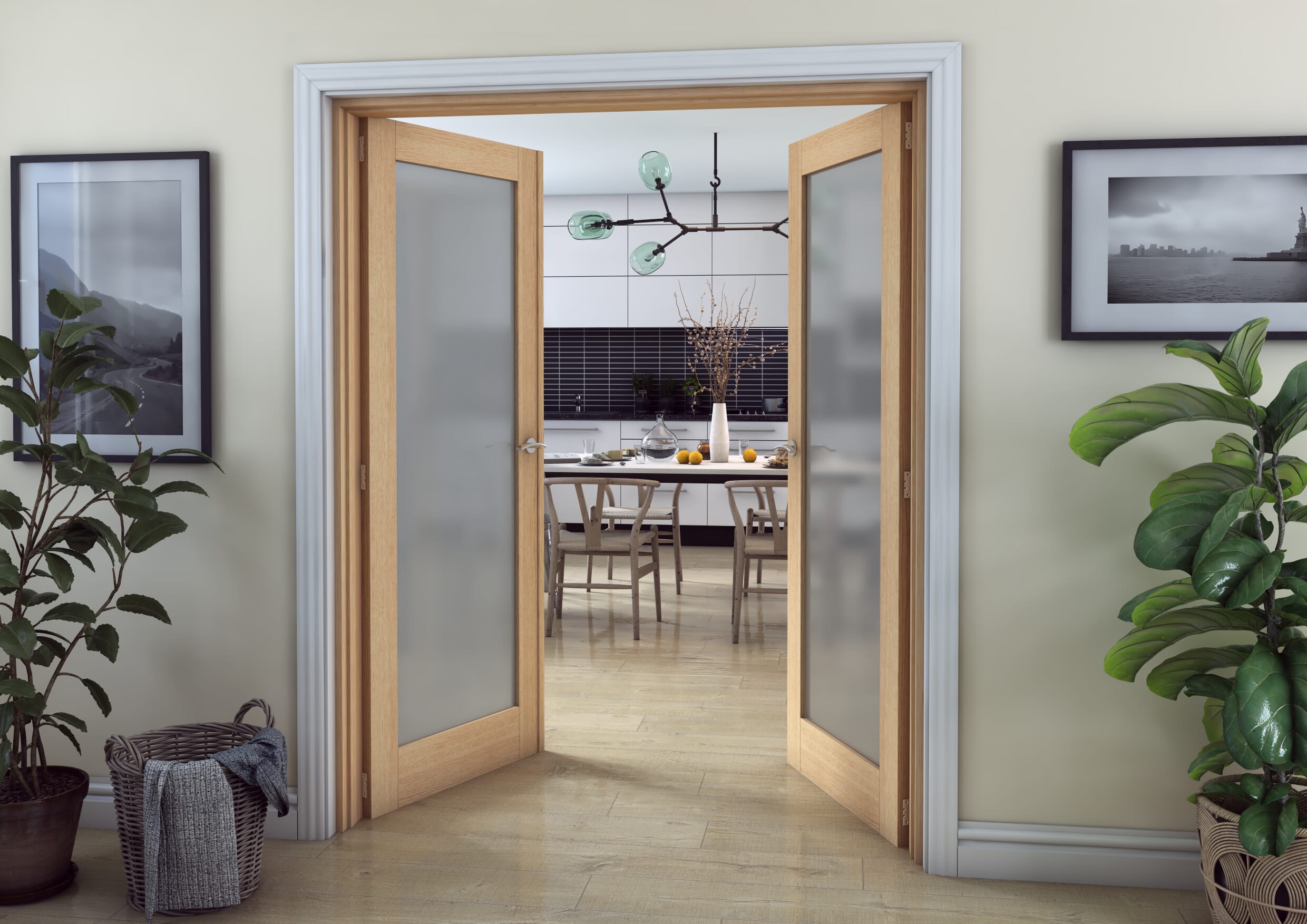 1432mm x 2020mm Prefinished Oak Frosted Glazed Room Divider